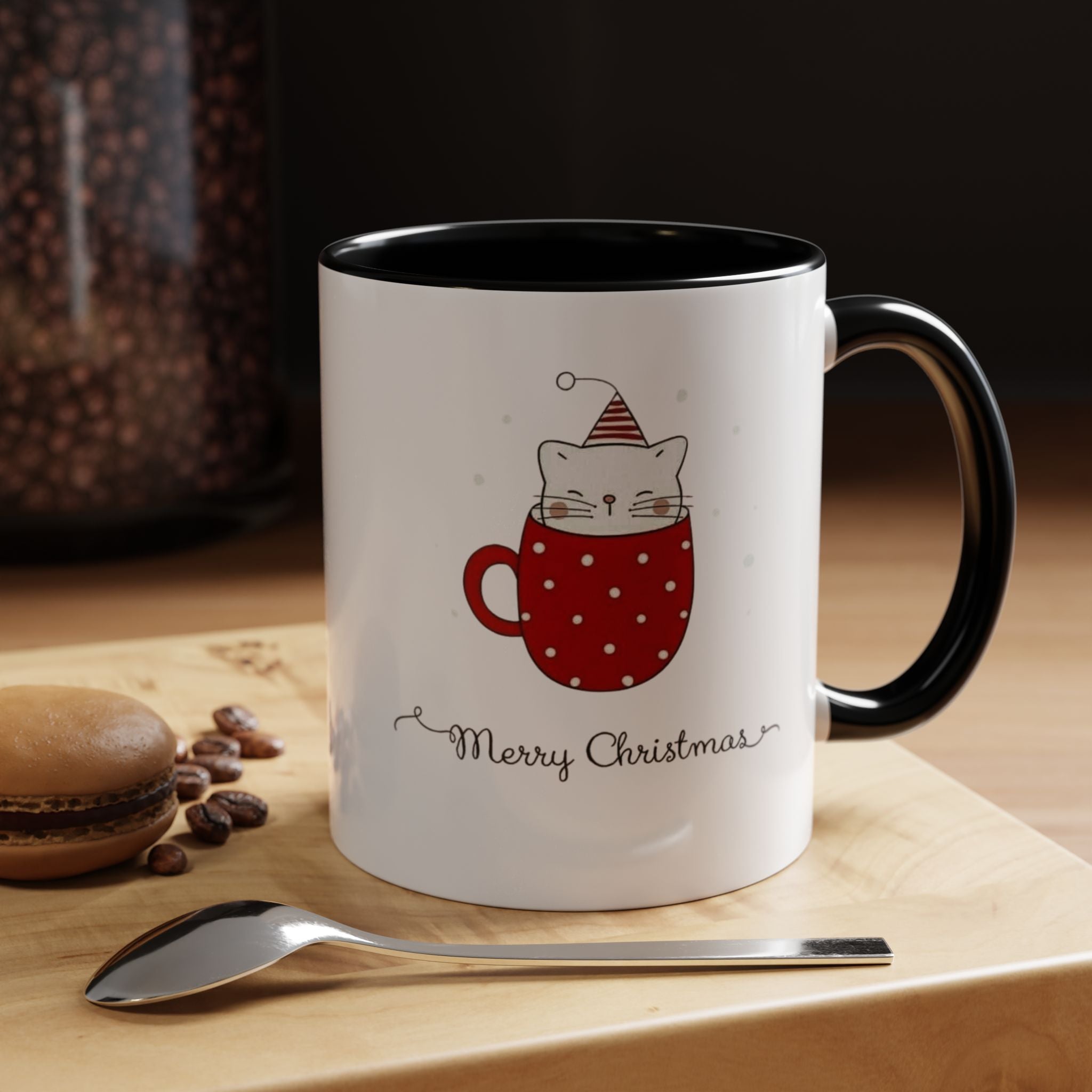 Christmas Cat Accent Mug "Merry Christmas" Polka Dot Holiday Coffee Cup Christmas Mugs Collection!