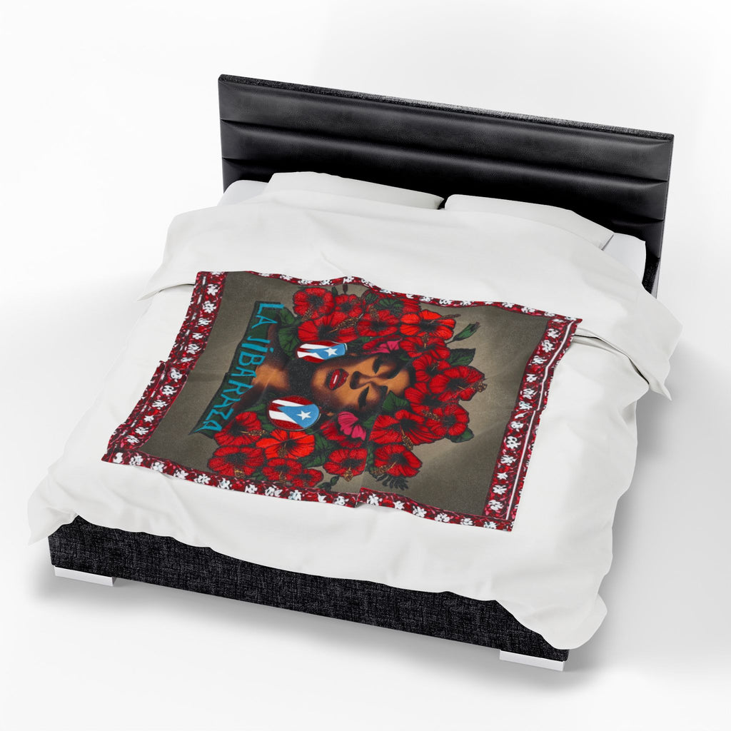 La Jíbaraza Velveteen Plush Blanket  Puerto Rican Floral Afro-Latina Portrait Throw