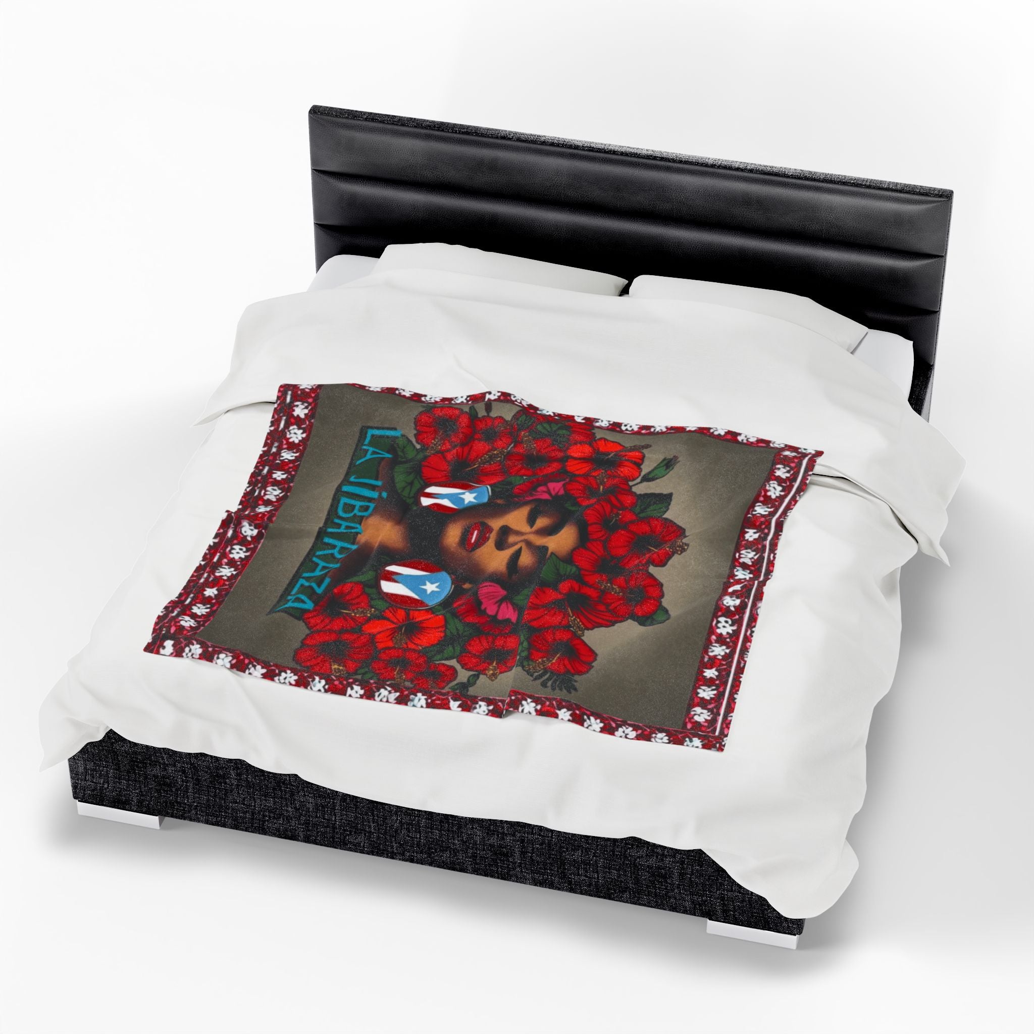 La Jíbaraza Velveteen Plush Blanket  Puerto Rican Floral Afro-Latina Portrait Throw