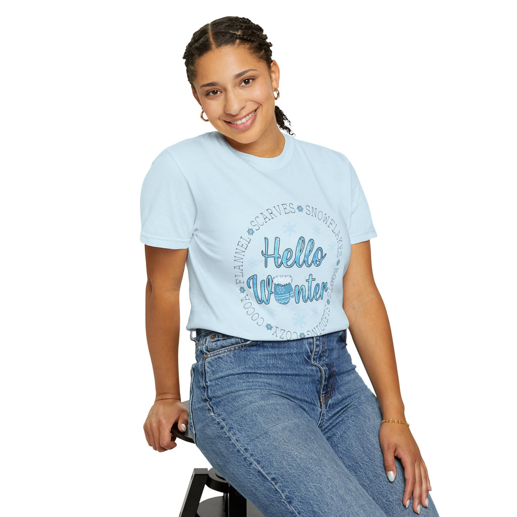 Hello Winter T‑Shirt  Cozy Snowflake Holiday Tee Christmas T-Shirts and Sweatshirts Collection