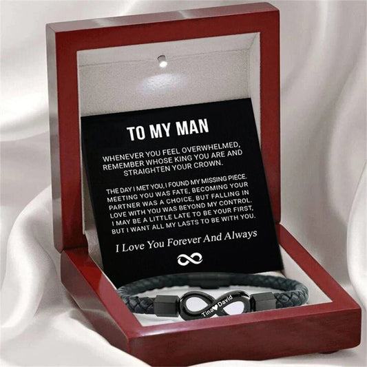 8 - Word Stainless Steel Black Handmade Leather Men's Bracelet – Stylish & Durable - Metamorphosis Creations
