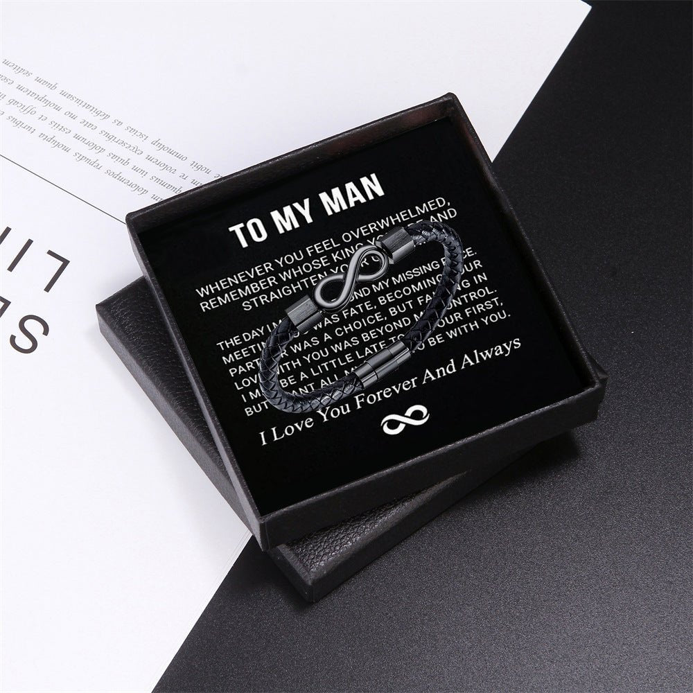 8 - Word Stainless Steel Black Handmade Leather Men's Bracelet – Stylish & Durable - Metamorphosis Creations