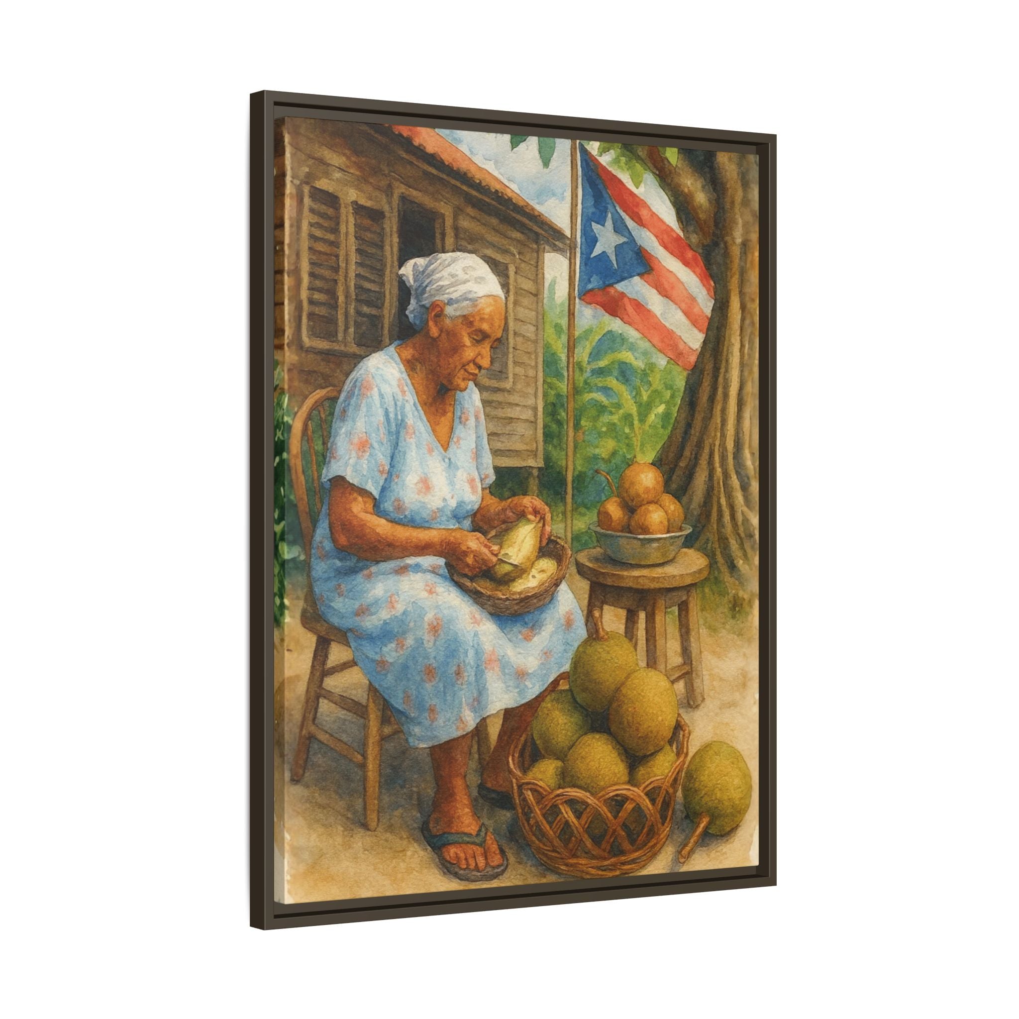 Cultural & Story-Driven These Puerto Rico inspired  Framed Matte Canvas Print  Woman Shelling Fruit Vintage Tropical Painting