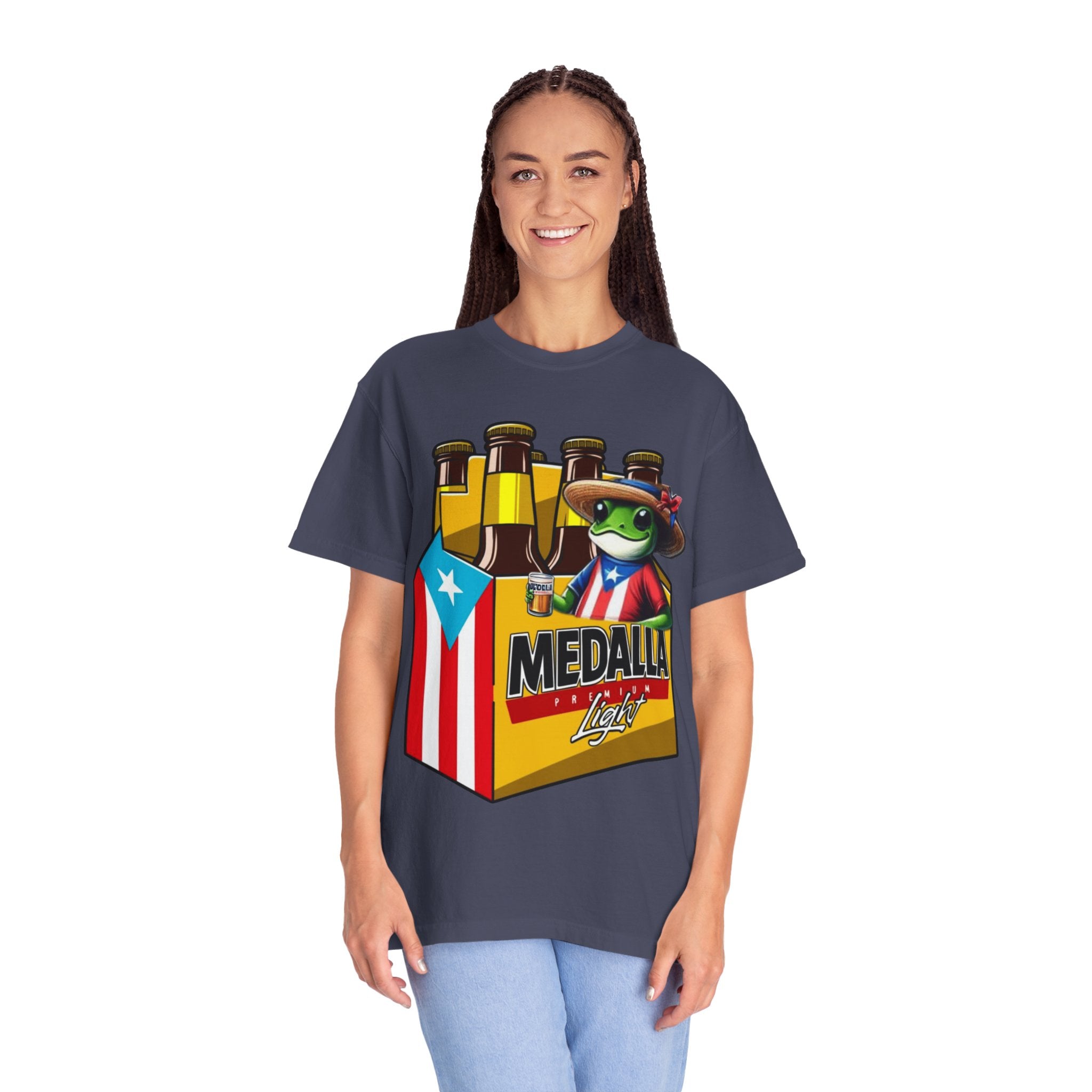 Medalla Light Puerto Rican Beer T-Shirt Coqui Frog Mascot Six-Pack Graphic Tee Puerto Rico’s Navidades