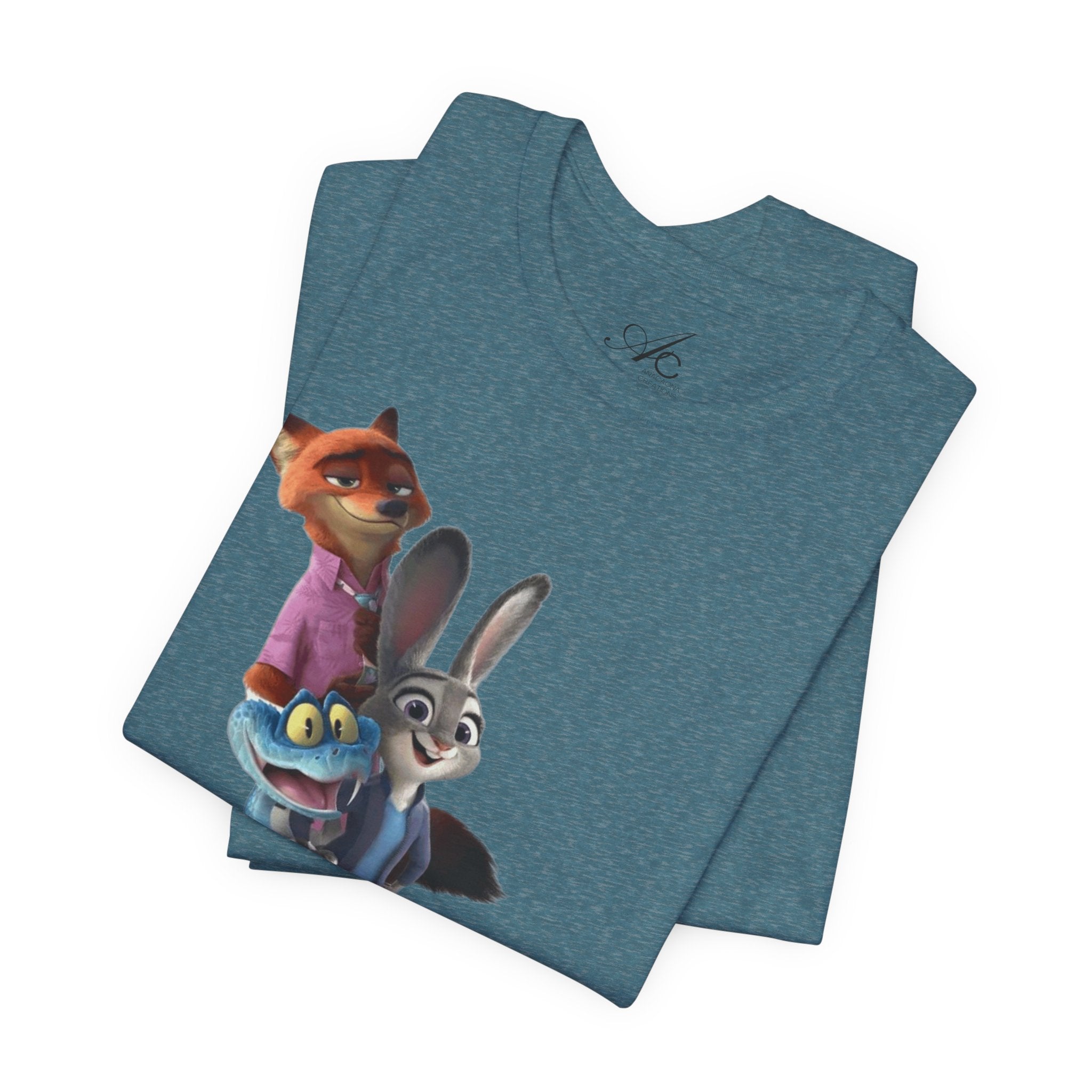 Animated Character Tee — Cute Fox & Bunny Stack Graphic T-Shirt  cartoon-style Christmas artwork