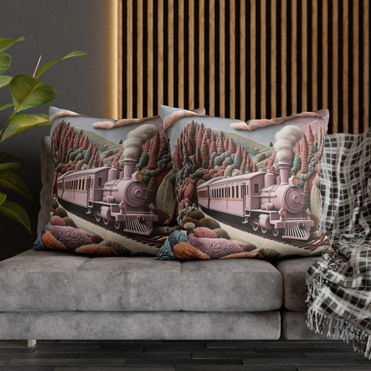 Vintage Pink Train Decorative Pillow – Whimsical Scenic Throw Pillowcase