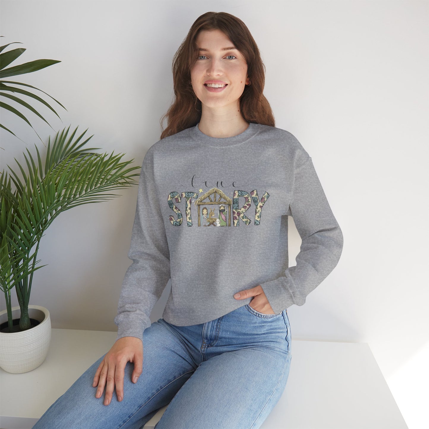 Crewneck Sweatshirt "Come Story" Floral Nativity Design  Cozy Christmas Pullover unique festive designs and joyful