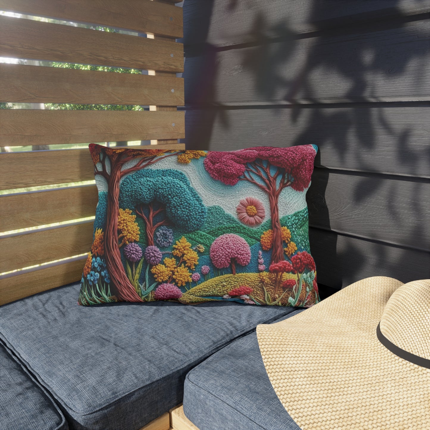 Outdoor Pillow — Colorful Whimsical Garden Landscape Throw Pillow