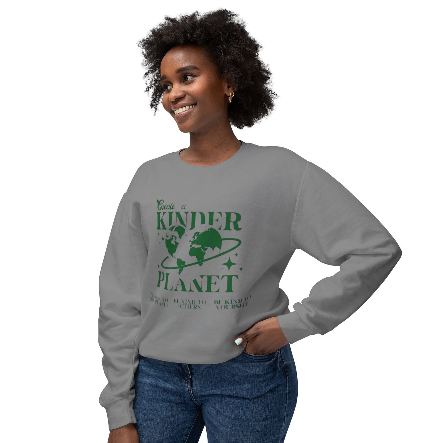 Kinder Planet Crewneck Sweatshirt Eco-Friendly Earth Day Graphic Pullover