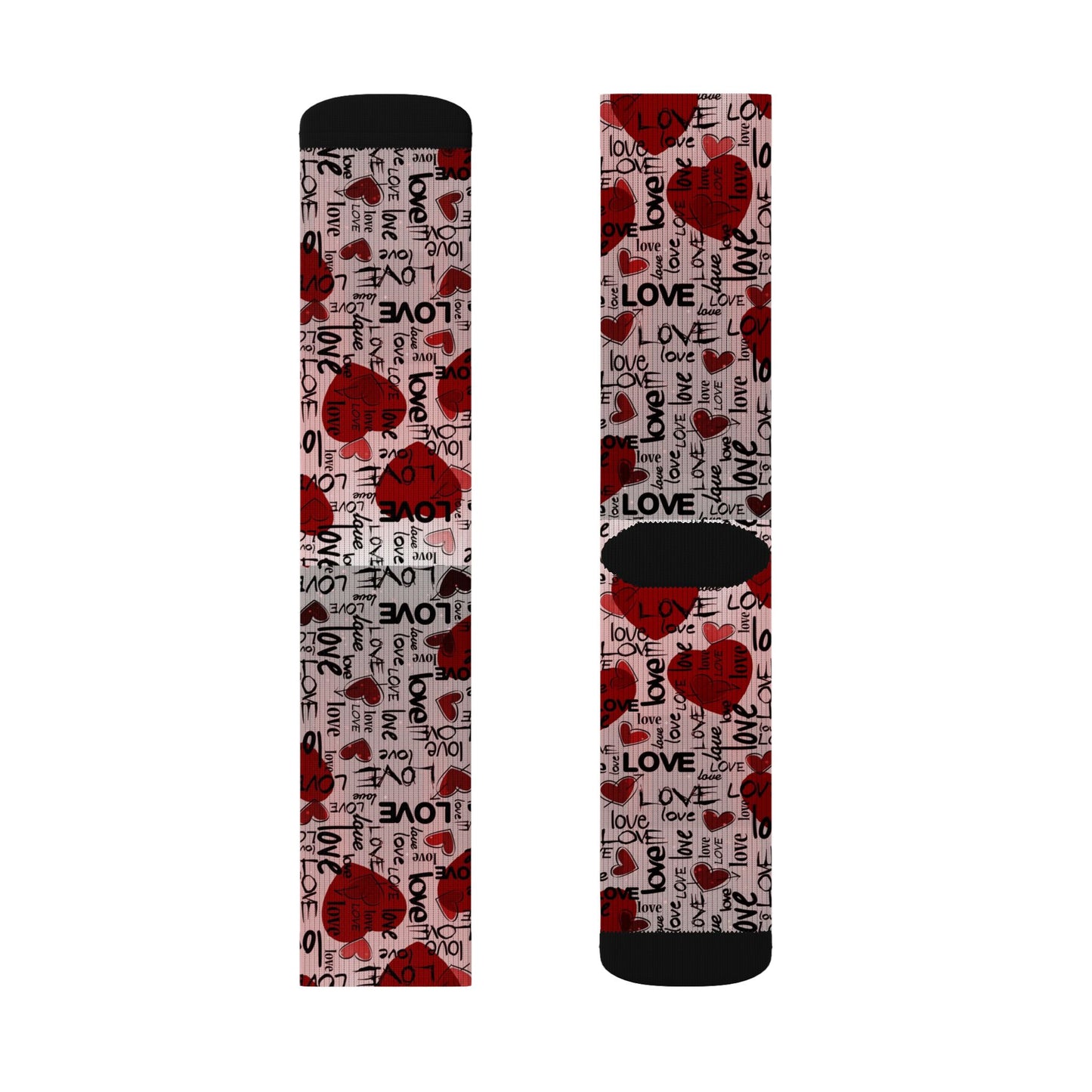 Valentine Heart Sublimation Socks – I Love You Pattern, Red Rose & Script Crew Socks