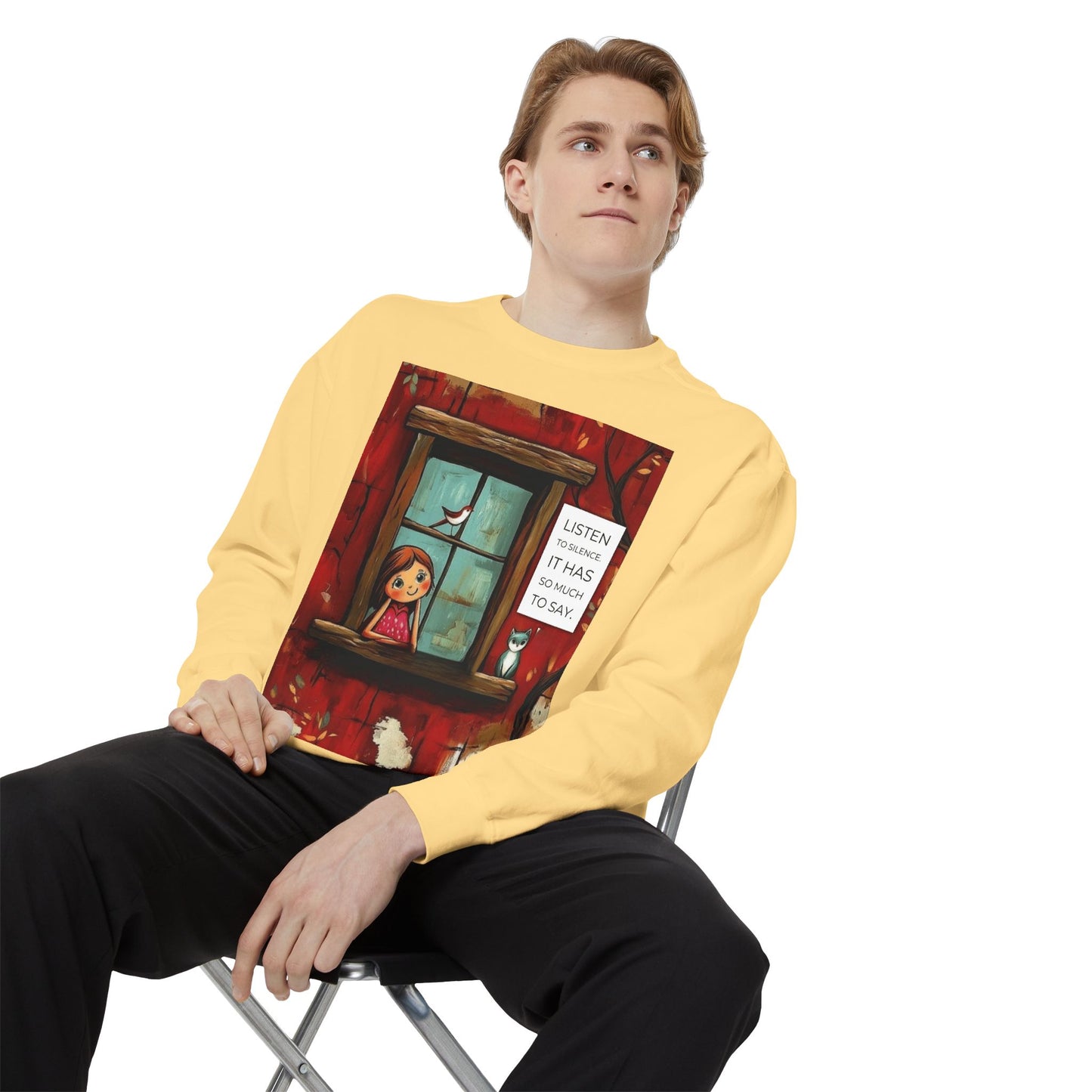 Cozy Window Scene Sweatshirt  "Listen, It Has So Much to Say" Graphic