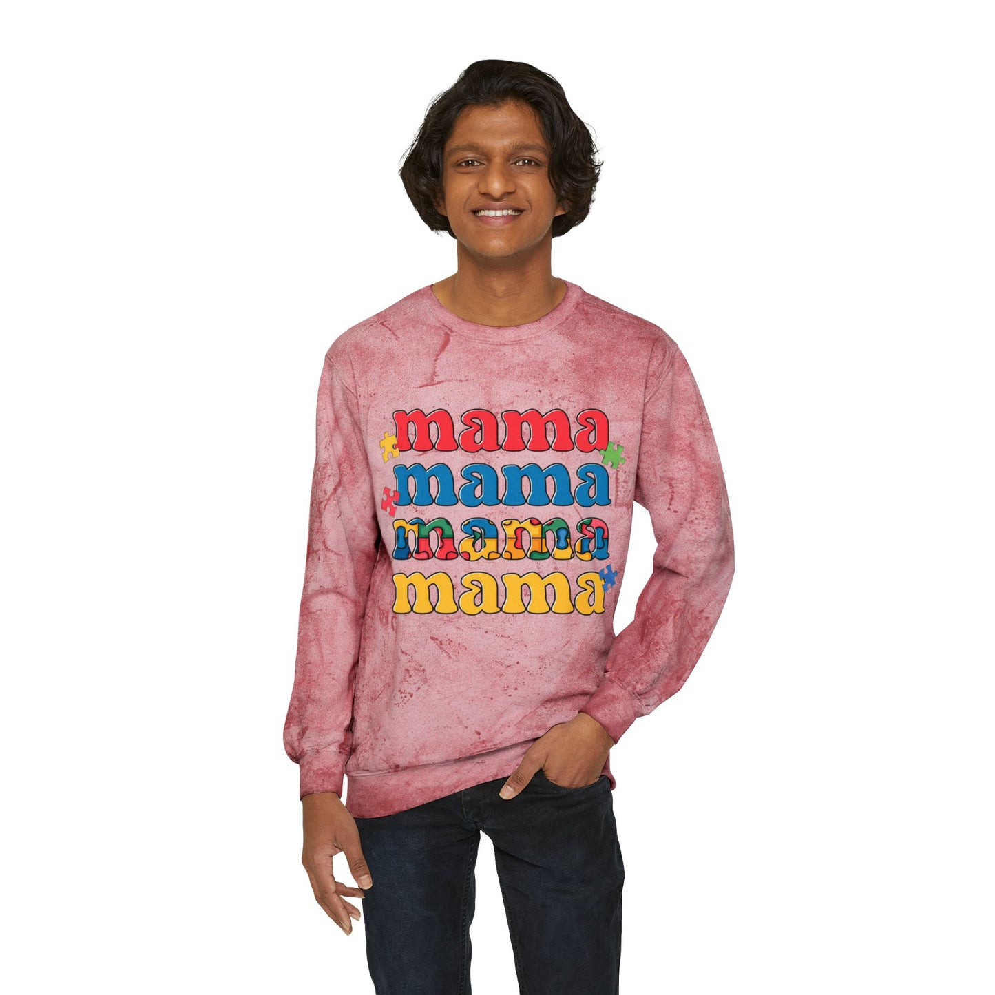 Autism Awareness & Pride Collection Mama Color Blast Crewneck Sweatshirt - Unisex Tie-Dye Style