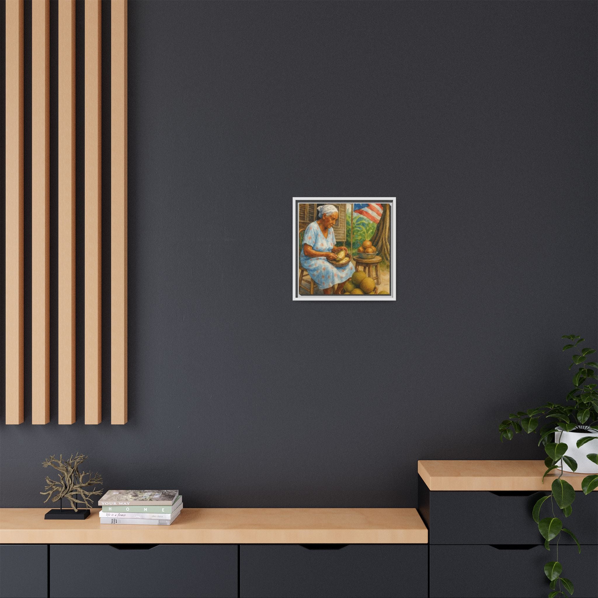 Cultural & Story-Driven These Puerto Rico inspired  Framed Matte Canvas Print  Woman Shelling Fruit Vintage Tropical Painting