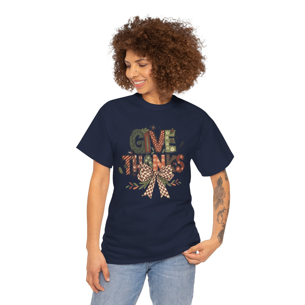 Give Thanks Tee Thanksgiving Graphic T-Shirt with Rustic Bow Design