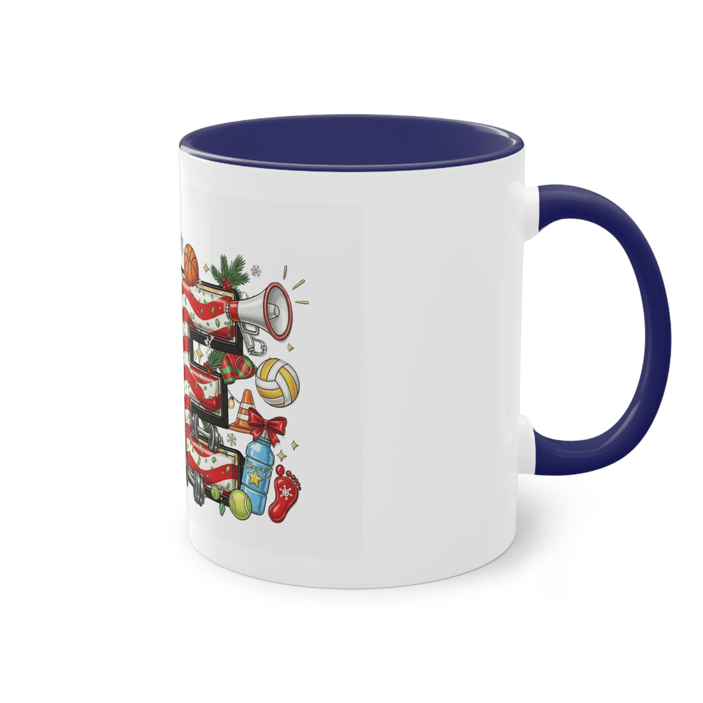 Holiday Sports Mom Coffee Mug Festive 'PE' Candy-Stripe Design, 11oz Two-Tone School Staff Christmas Mug Collection,