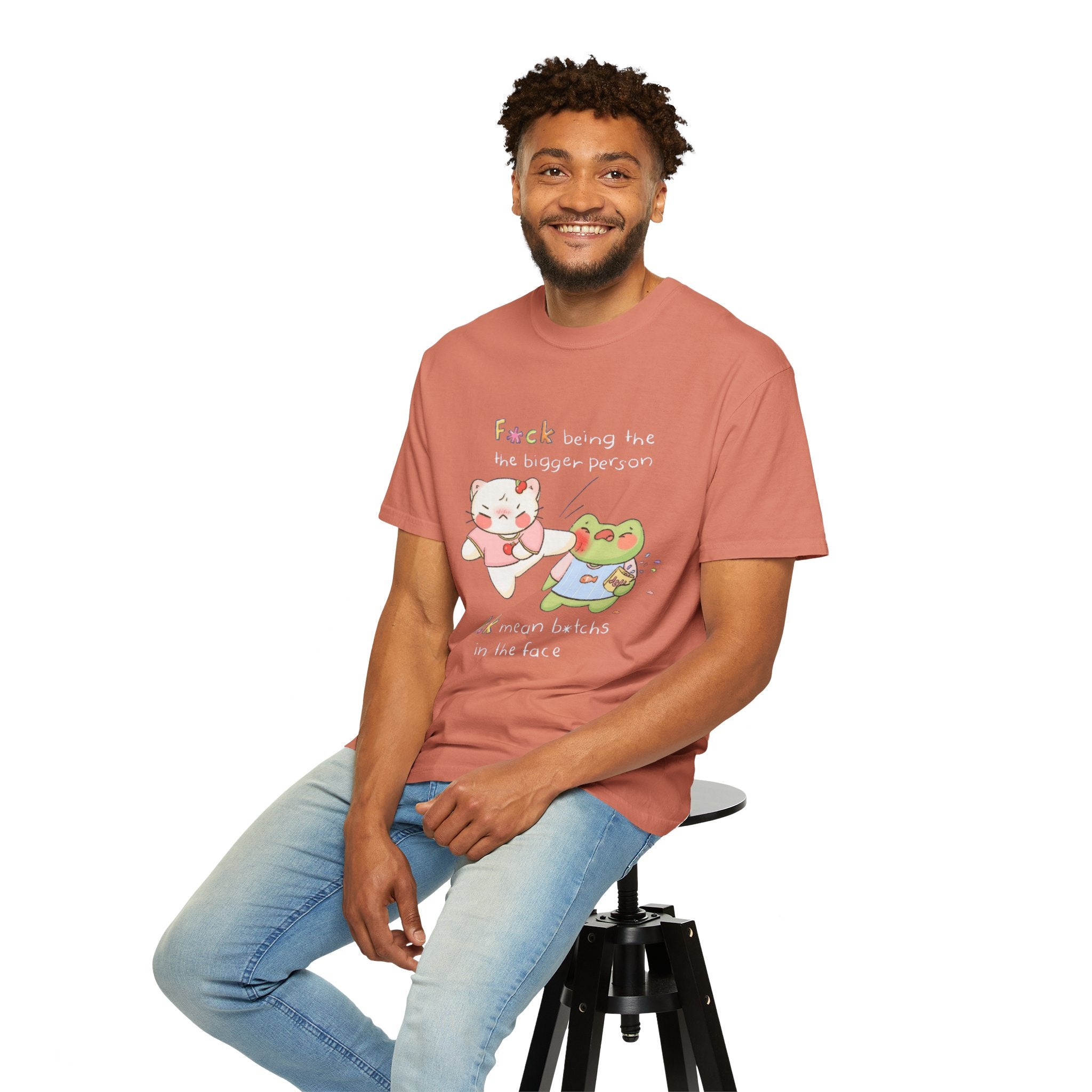 Graphic T-Shirt  Cute Kicking Cat & Frog with 'F*ck Being The Bigger Person' Slogan
