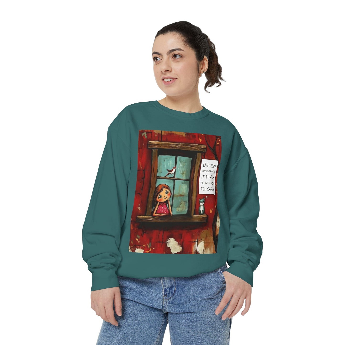 Cozy Window Scene Sweatshirt  "Listen, It Has So Much to Say" Graphic