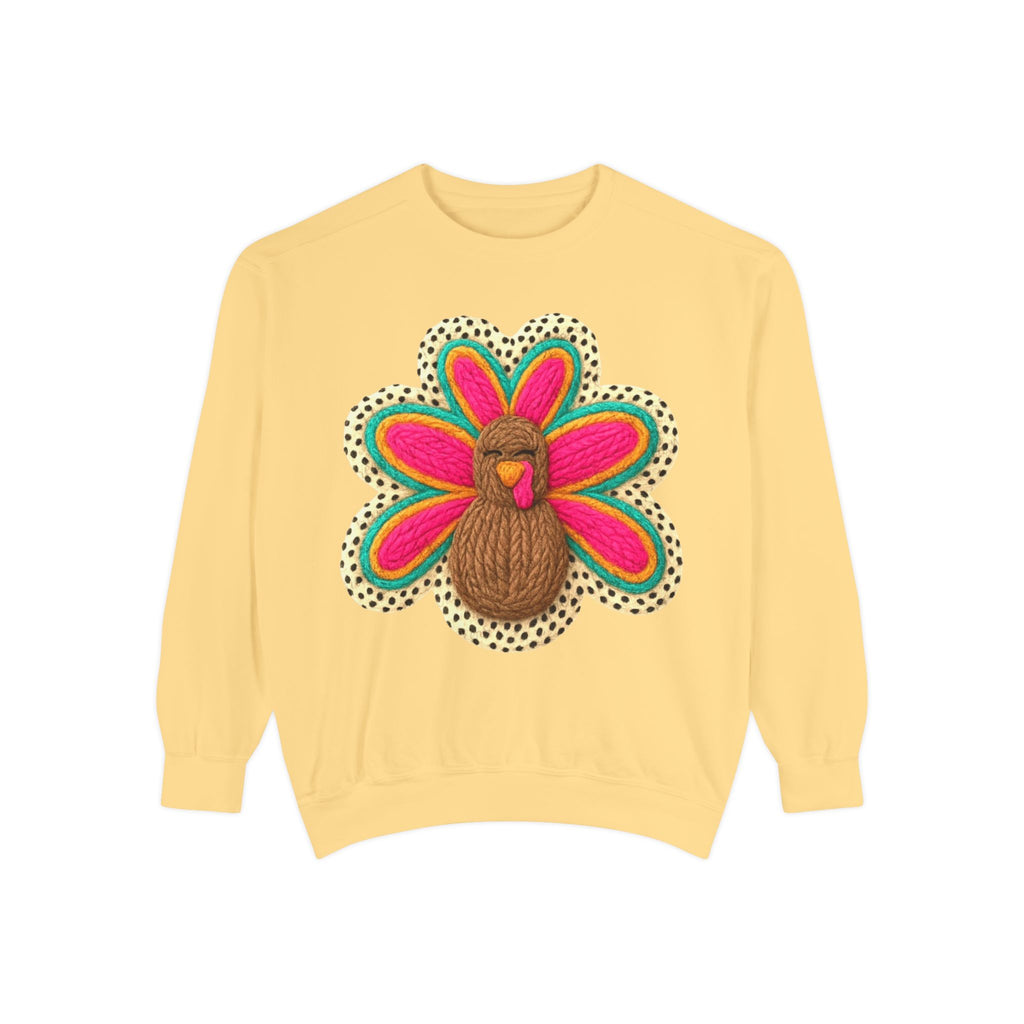 Festive Holiday Designs Turkey Patch Sweatshirt — Colorful Embroidered Thanksgiving Pullover