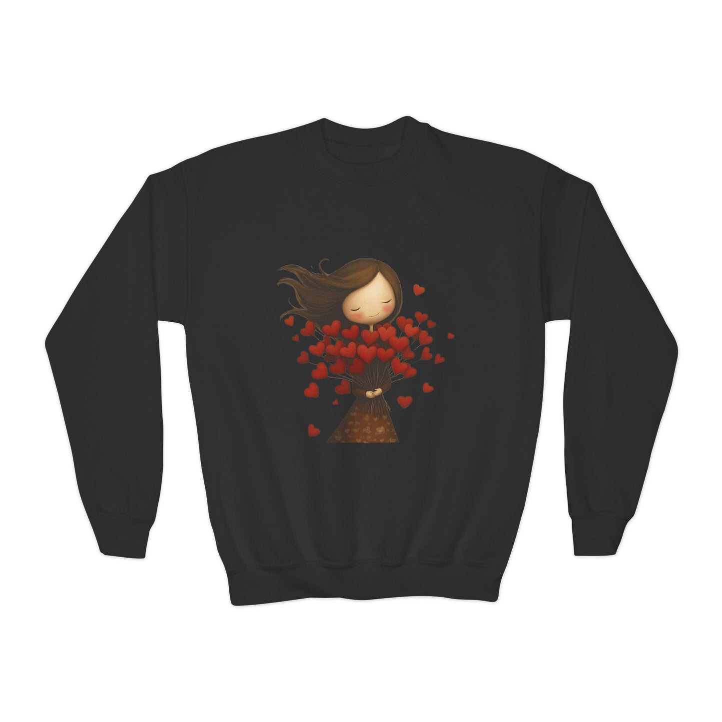 Youth Sweatshirt  Cute Girl with Heart Shower "Love Bug" Crewneck