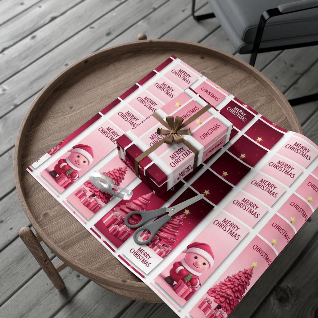Christmas Gift Wrap Paper - Pink Merry Christmas Star & Tree Holiday Wrapping Sheets