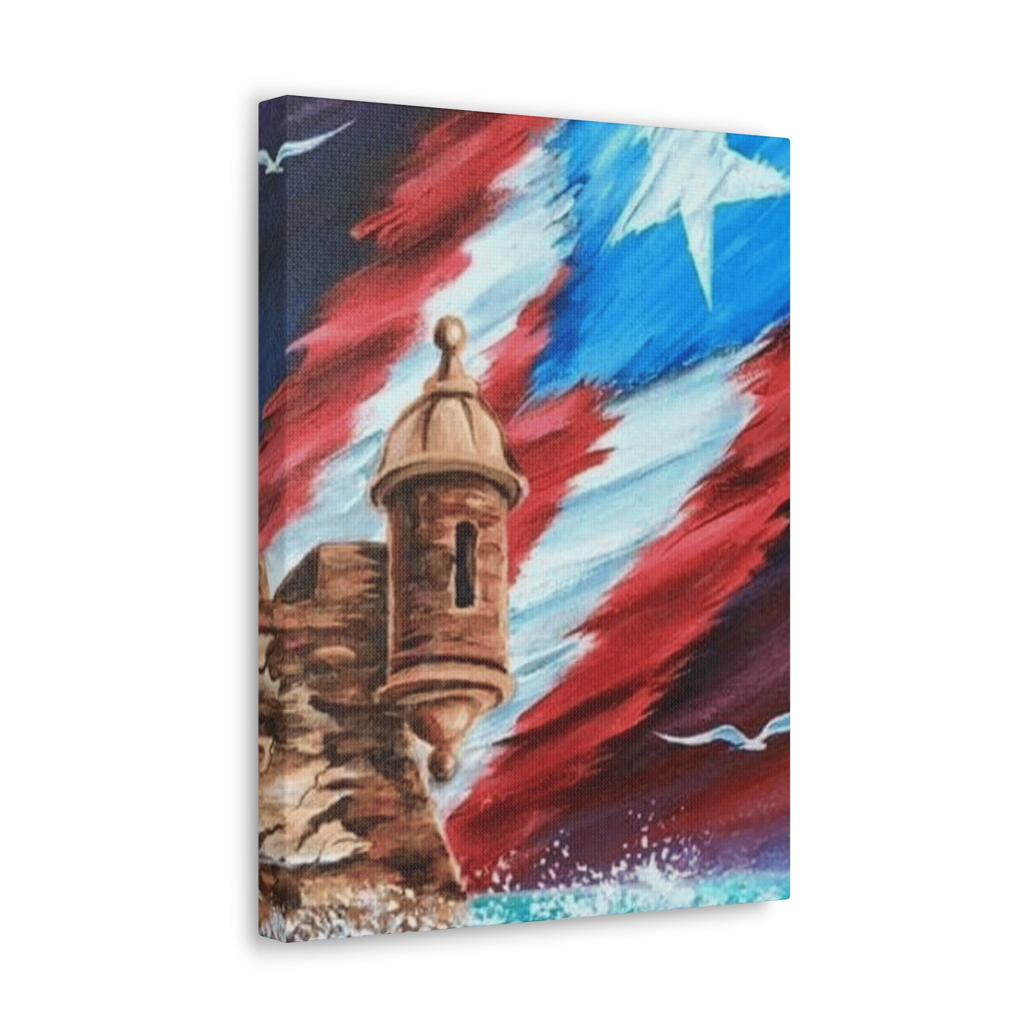 Patriotic Castillo Canvas Wall Art – Puerto Rico Flag Coastal Fortress Print