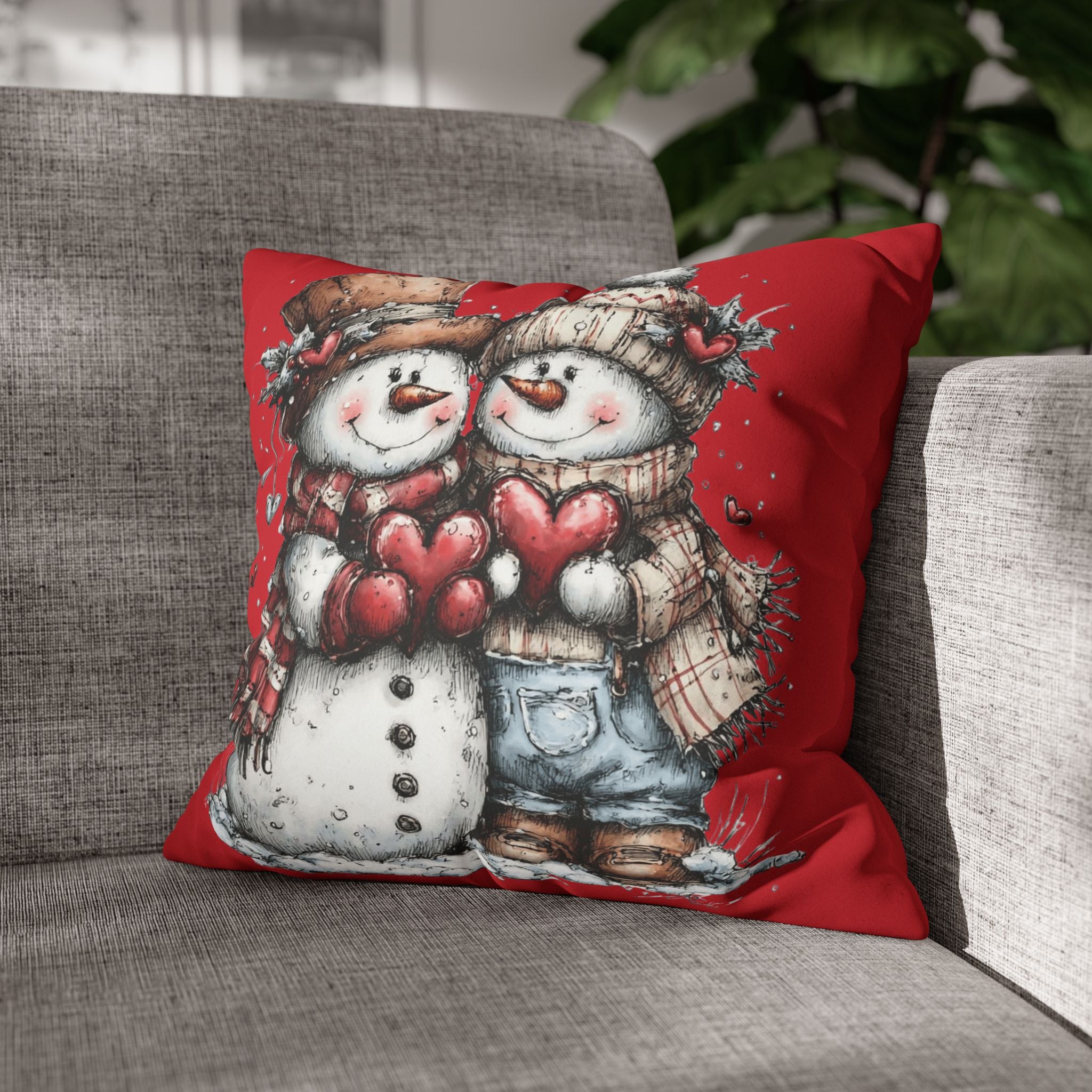 Christmas Snowman Couple Faux Suede Pillowcase CHRISTMAS PILLOW DÉCOR