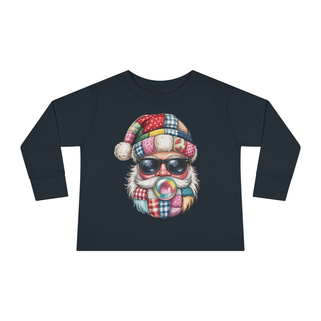 Toddler Long Sleeve Tee  Cool Santa with Patchwork Hat & Bubblegum Graphic