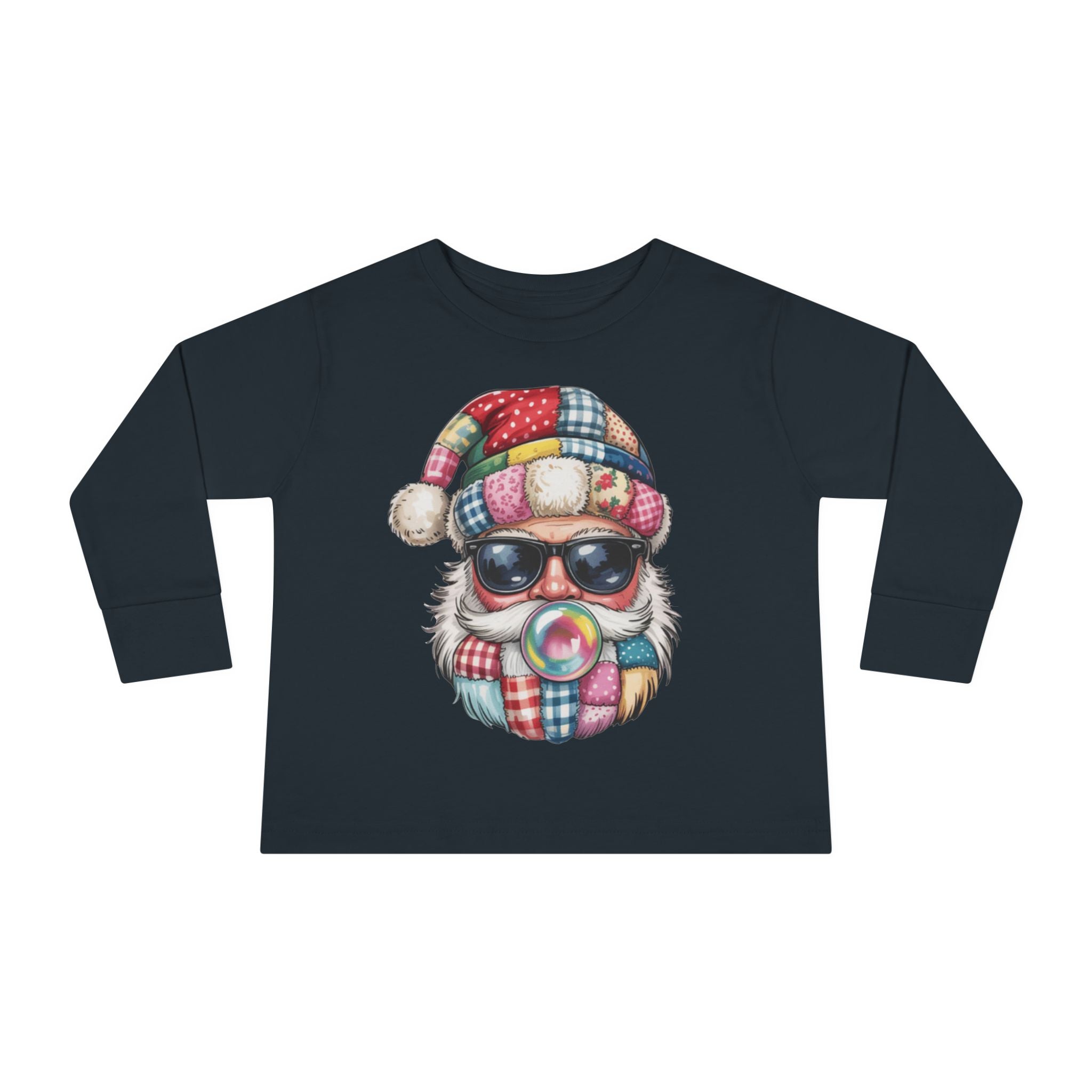 Toddler Long Sleeve Tee  Cool Santa with Patchwork Hat & Bubblegum Graphic