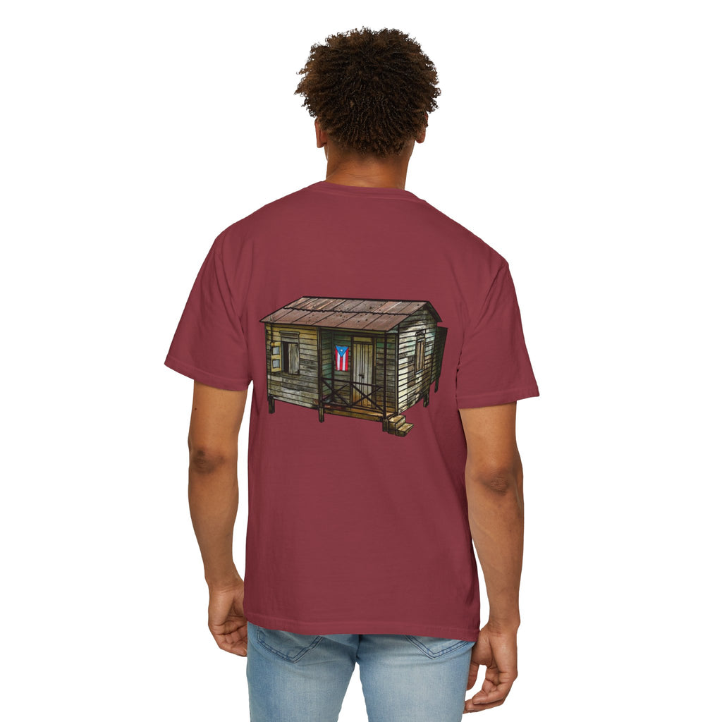 Puerto Rican Batey Cabin T-Shirt  Three Masks & Rustic House Graphic Tee Puerto Rico Navidades
