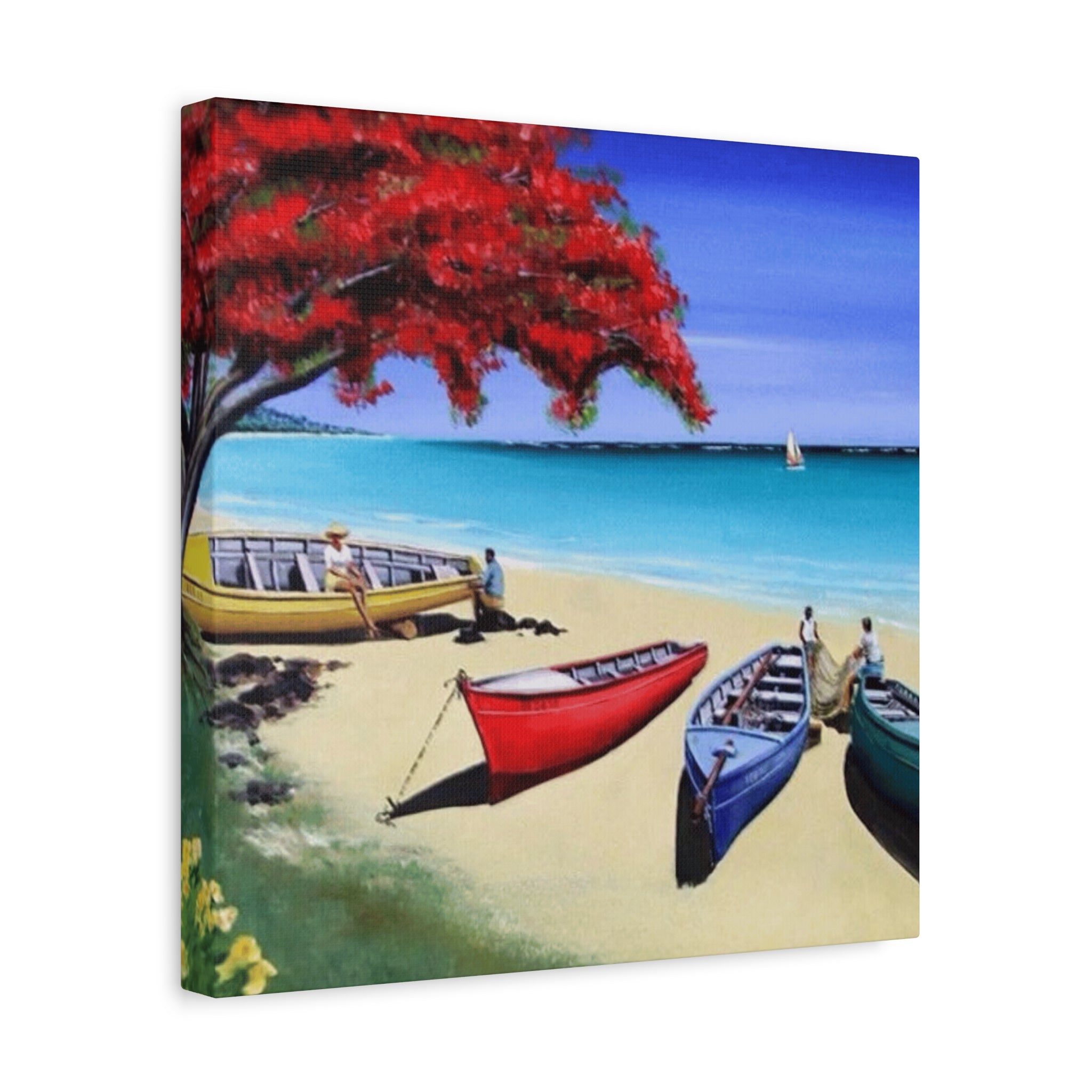 Beach Canoes Canvas Wall Art Tropical Seaside Landscape Matte Stretched Canvas
