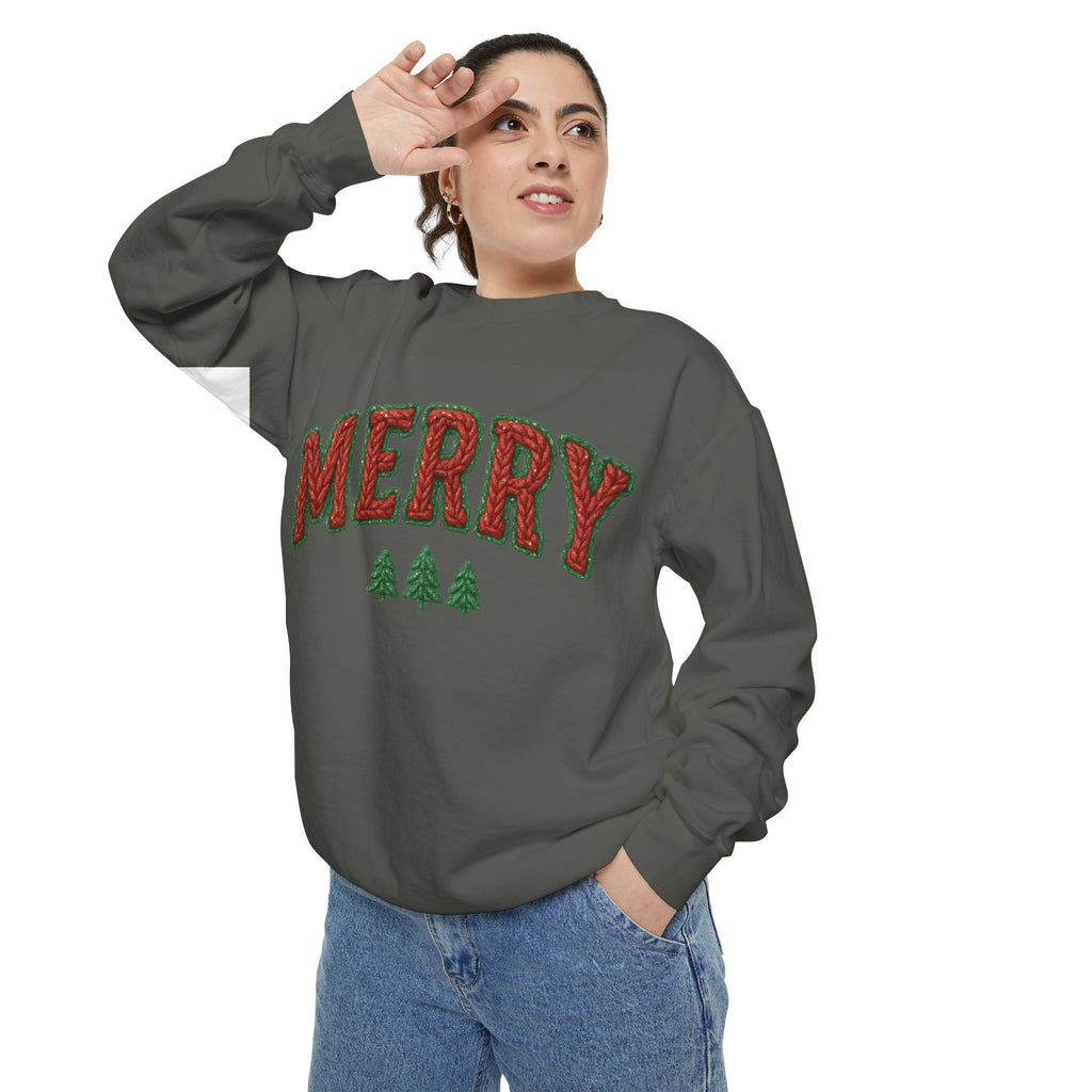 Merry Holiday Sweatshirt — Cozy Christmas Pullover with Tree Graphics Festive Holiday Designs