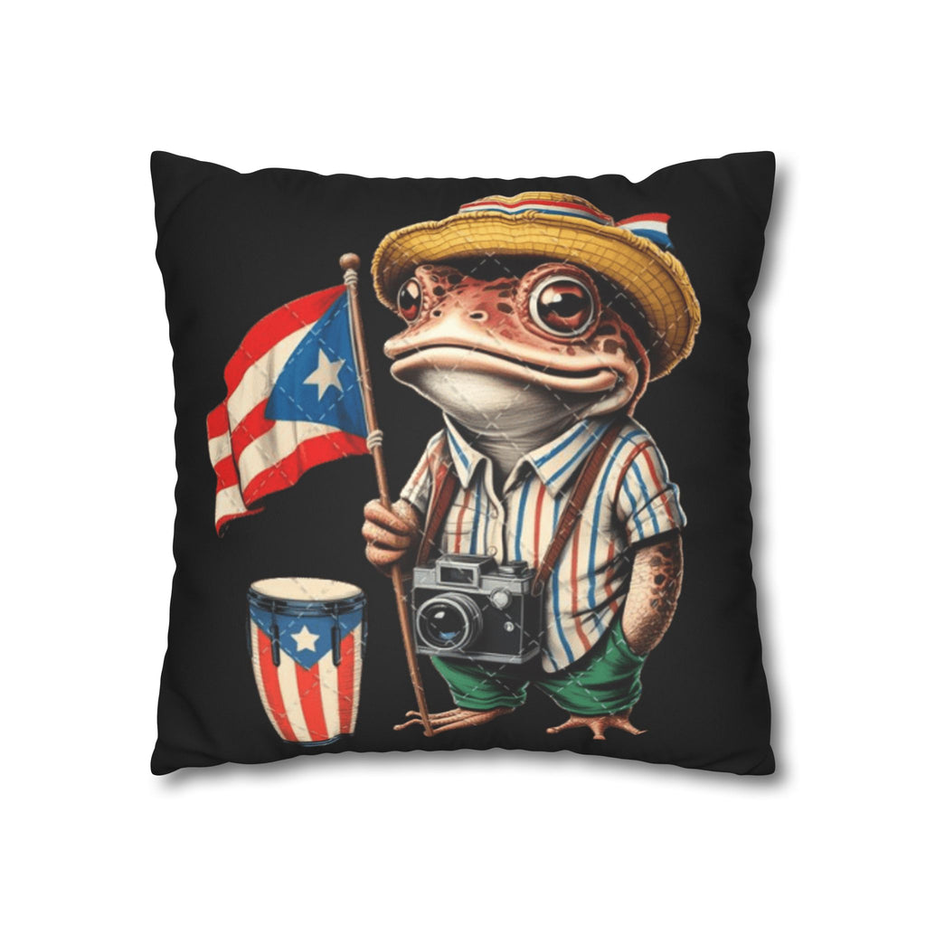Puerto Rican Flag Frog Faux Suede Pillowcase  Tourist Toad Camera Design Puerto Rico Culture Pillow