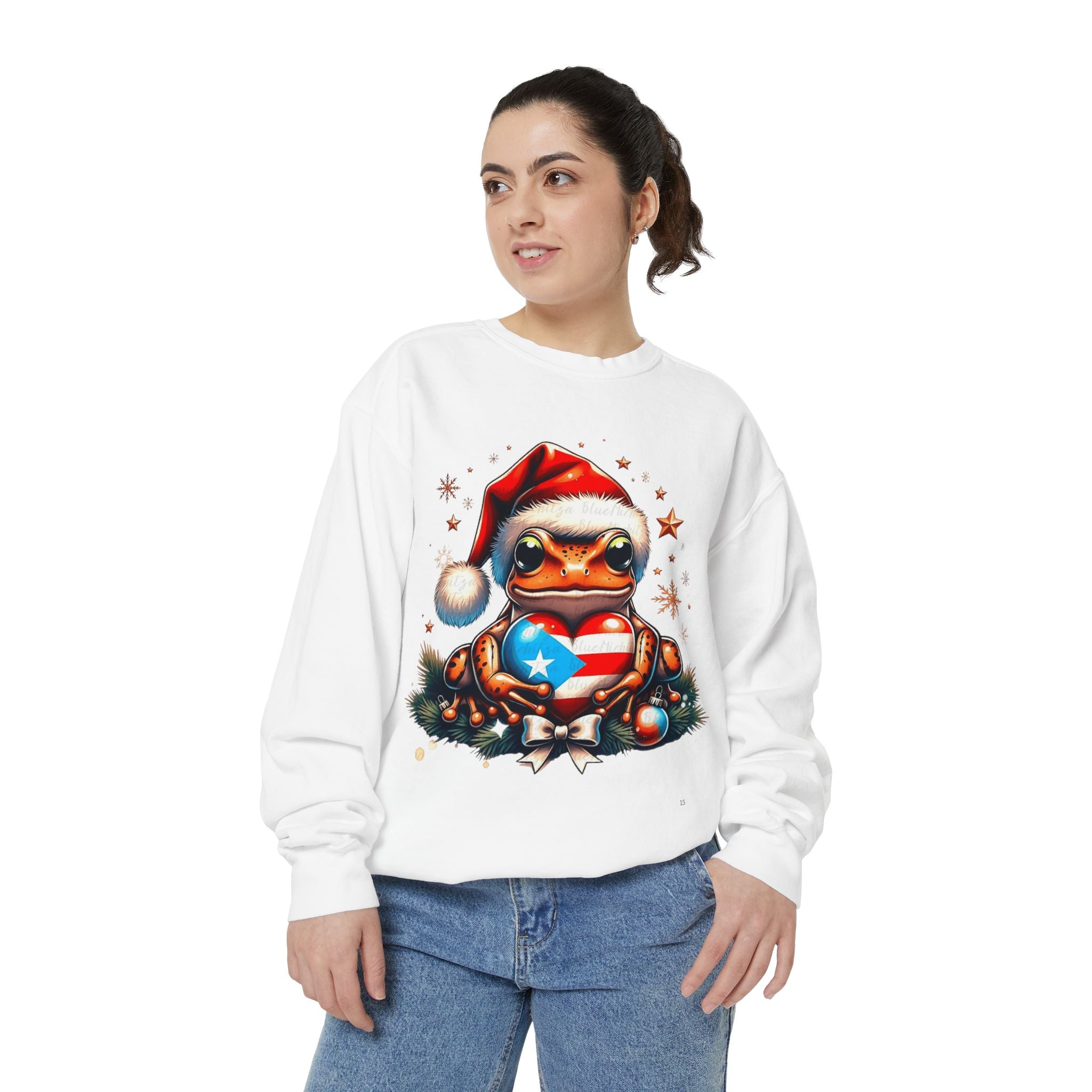Christmas Coqui Sweatshirt — Cute Santa Frog Holding Ornament Holiday Sweater