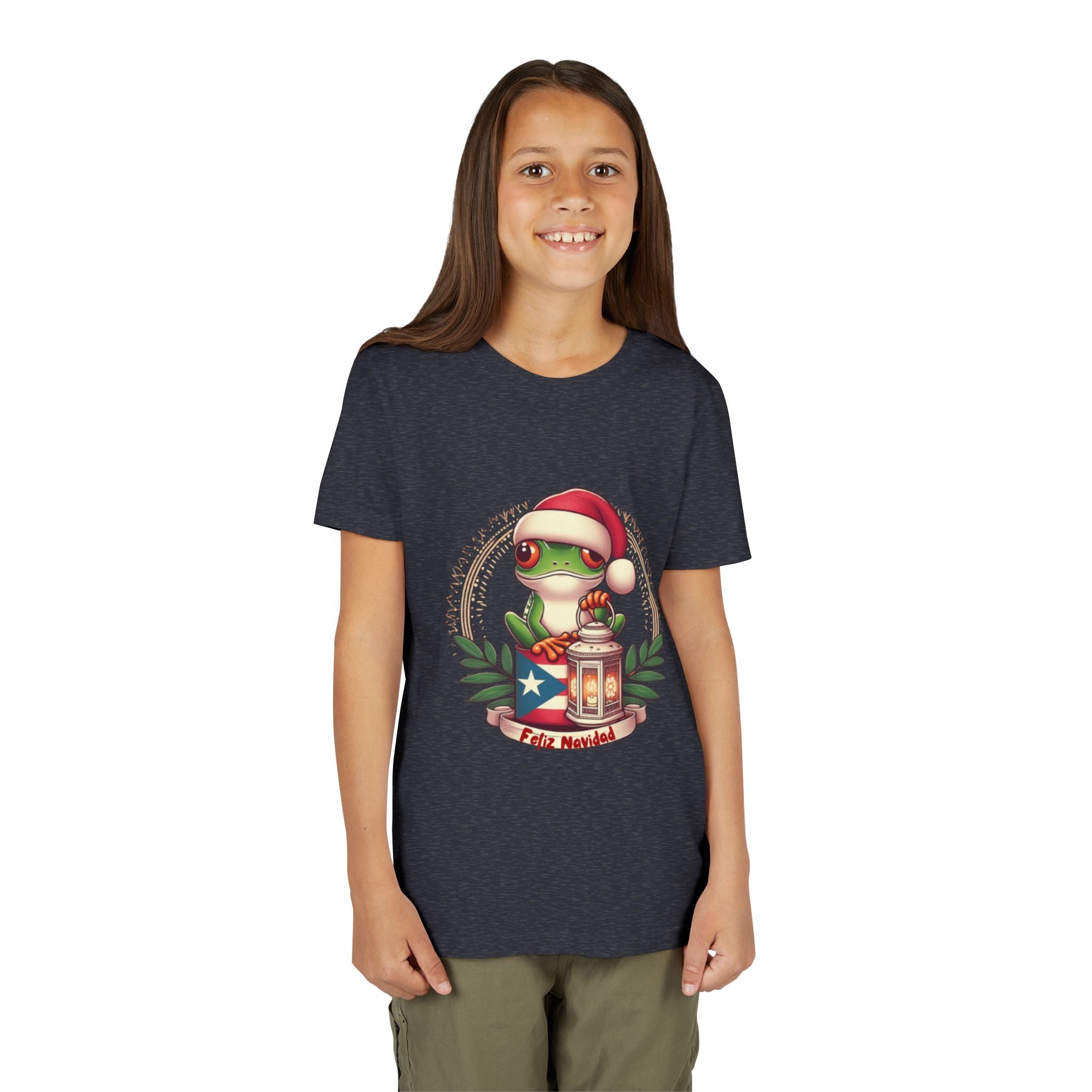 Kids Tee Cute Frog with Puerto Rican Flag & Lantern (Feliz Navidad)