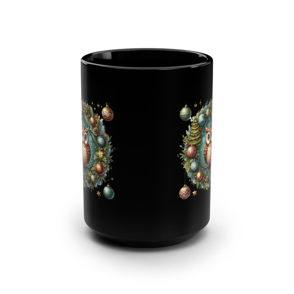 Fun Celebration Mug Coffee Cup for Special Moments & Positive Vibes Festive Owl Holiday Mug - 15oz Black Ceramic Coffee Cup