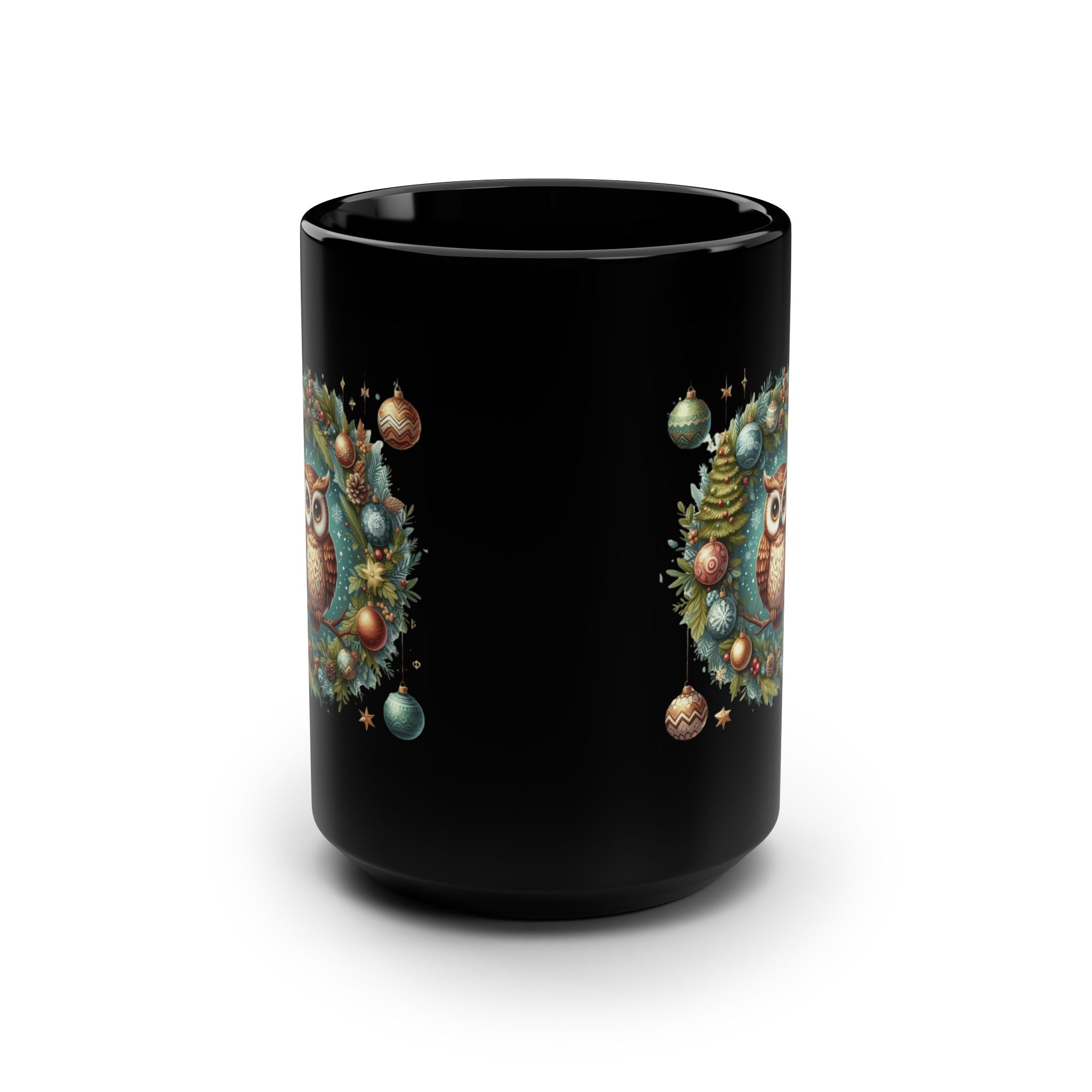Fun Celebration Mug Coffee Cup for Special Moments & Positive Vibes Festive Owl Holiday Mug - 15oz Black Ceramic Coffee Cup