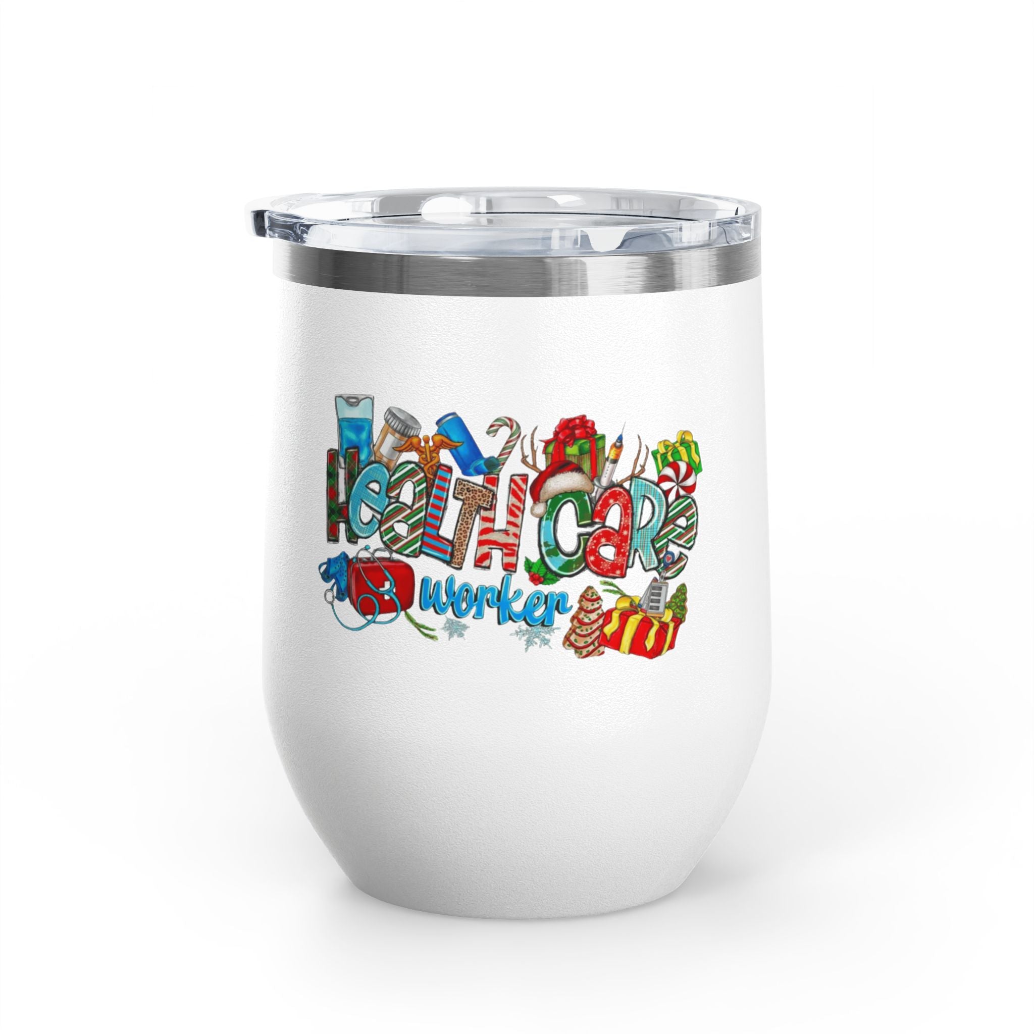Healthcare Worker 12oz Wine Tumbler — Colorful Holiday Medical Staff Gift Medical Christmas Mug