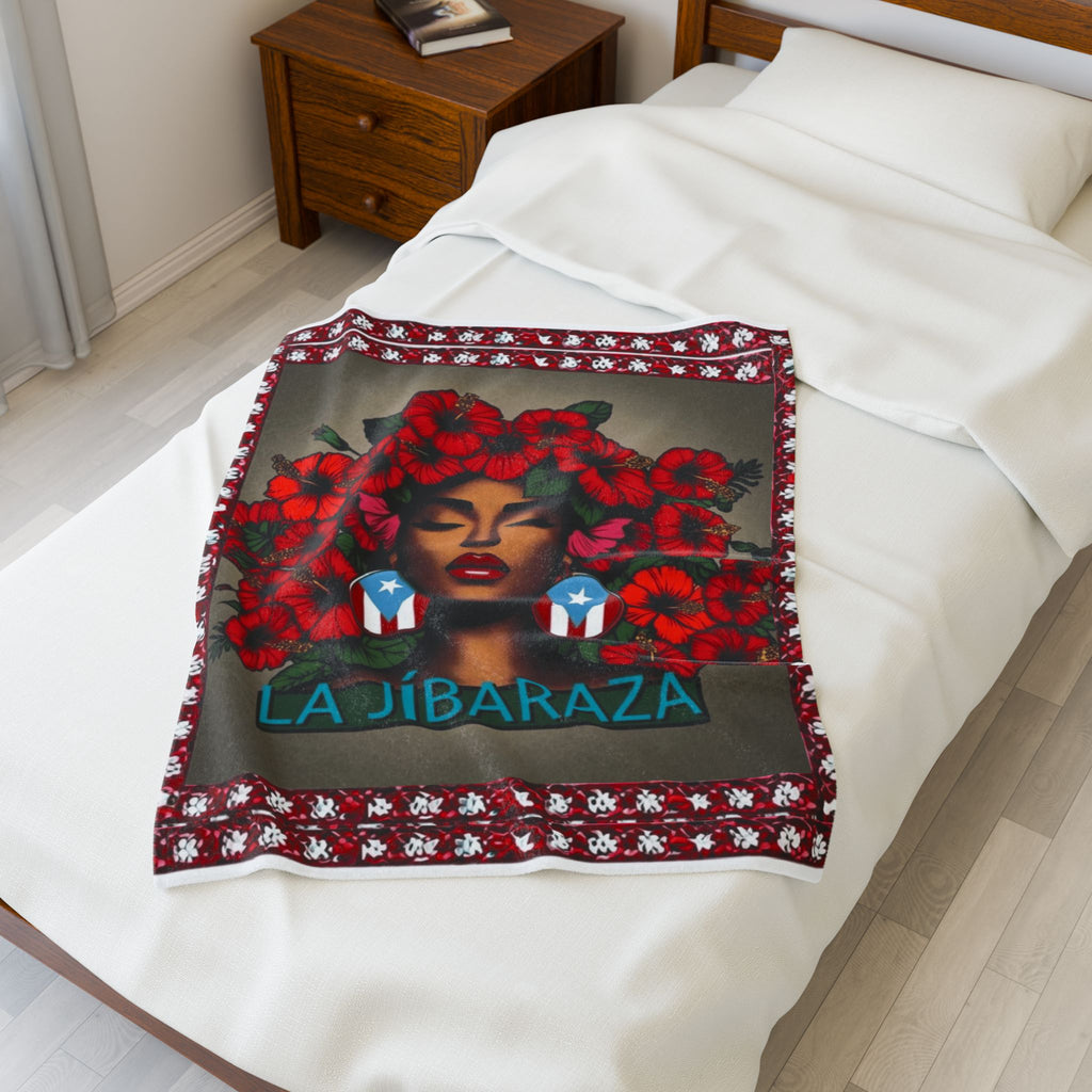 La Jíbaraza Velveteen Plush Blanket  Puerto Rican Floral Afro-Latina Portrait Throw