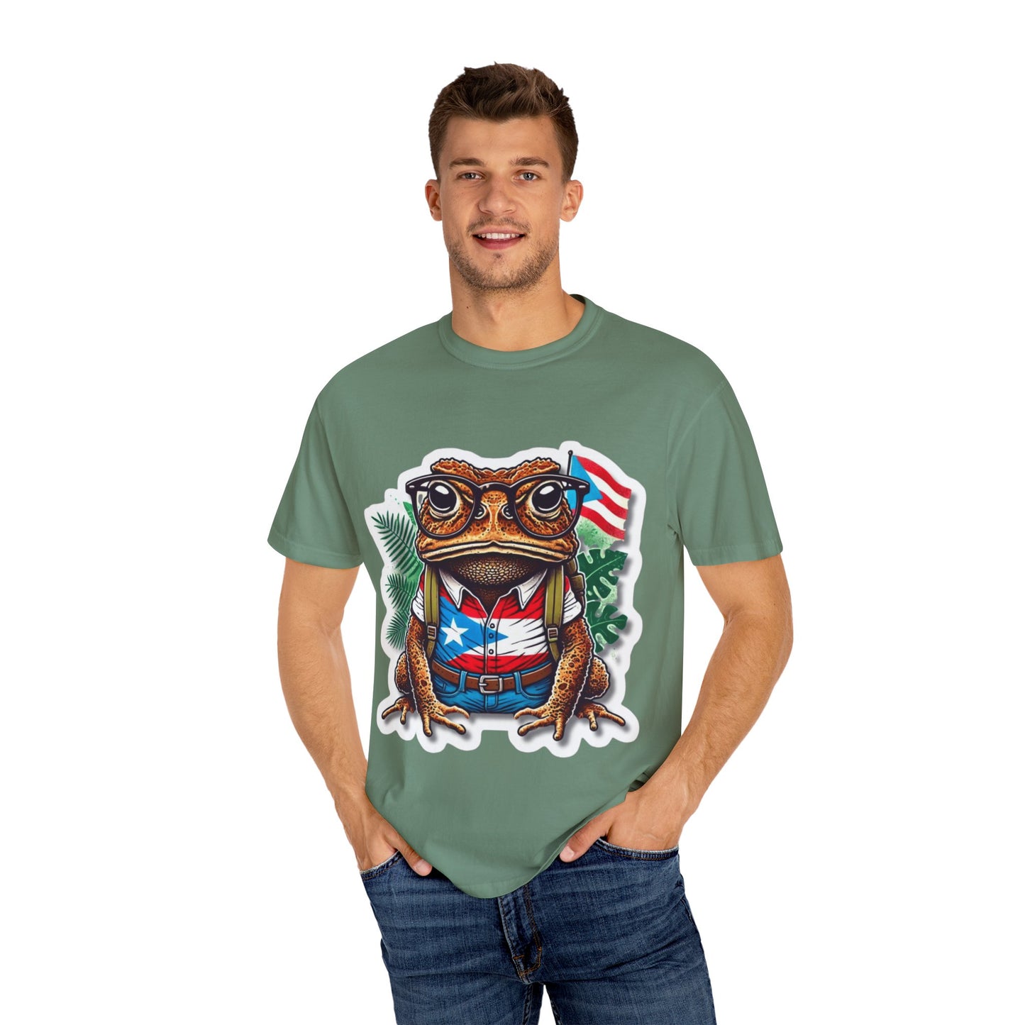 Puerto rico Patriotic Frog T-Shirt, Unisex Garment-Dyed Tee for Nature Lovers, Summer Parties, Luce tu orgullo puertorriqueño con estilo PR