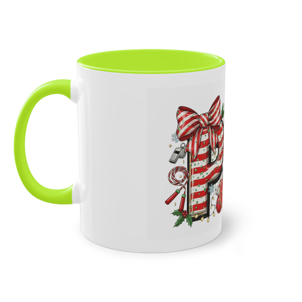 Holiday Sports Mom Coffee Mug Festive 'PE' Candy-Stripe Design, 11oz Two-Tone School Staff Christmas Mug Collection,