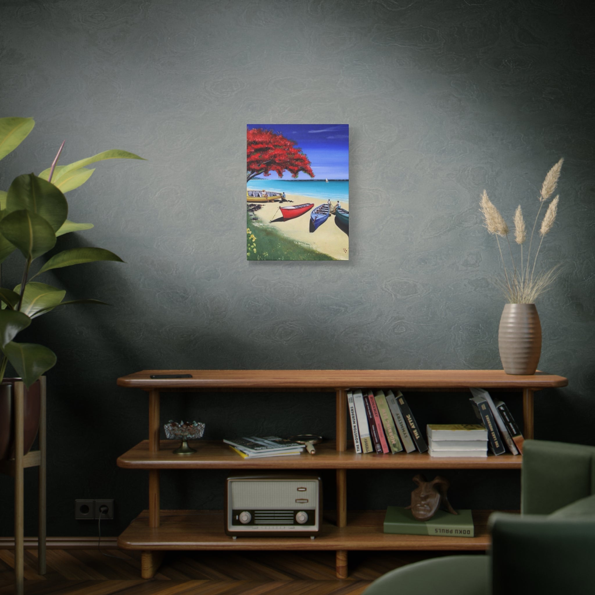 Beach Canoes Canvas Wall Art Tropical Seaside Landscape Matte Stretched Canvas