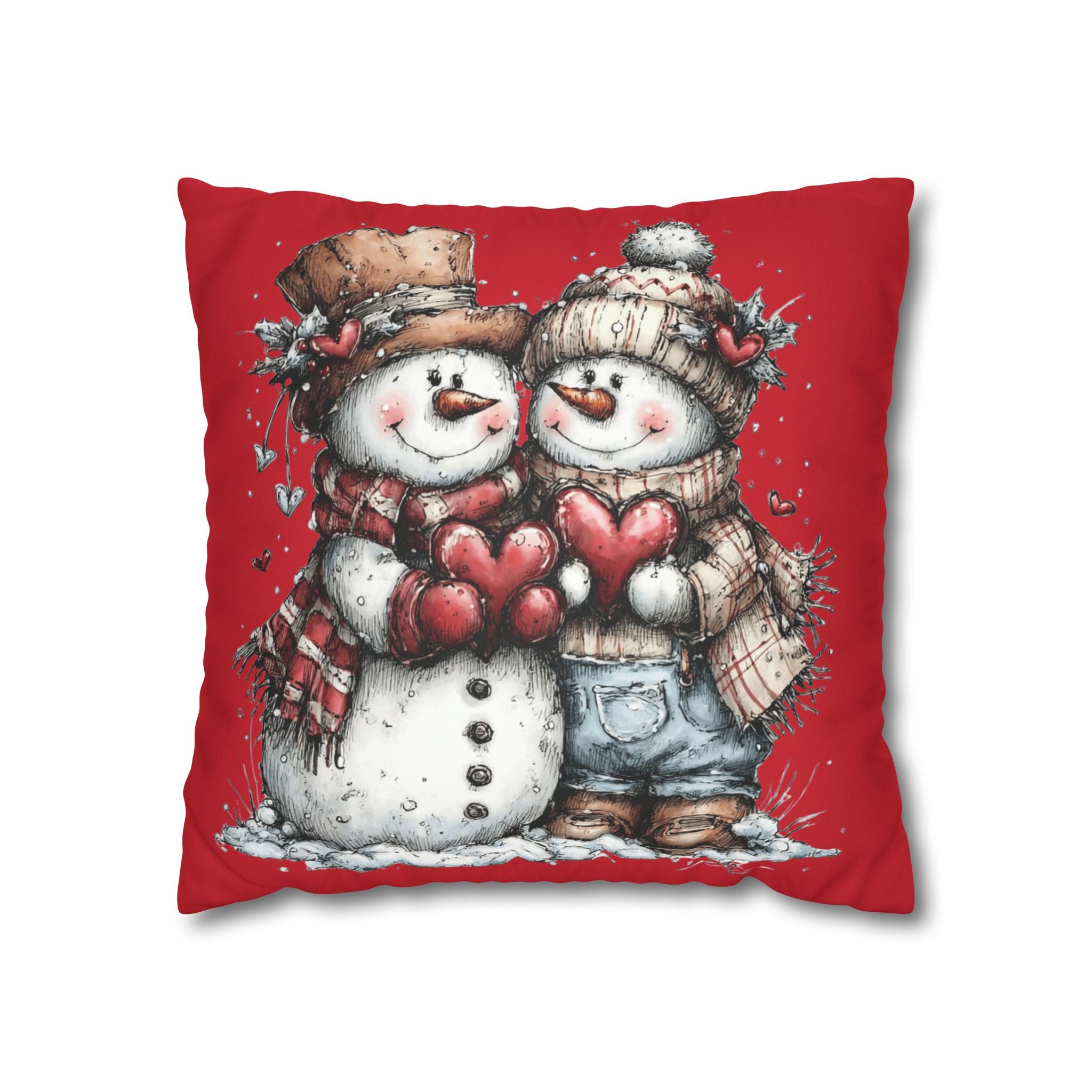 Christmas Snowman Couple Faux Suede Pillowcase CHRISTMAS PILLOW DÉCOR