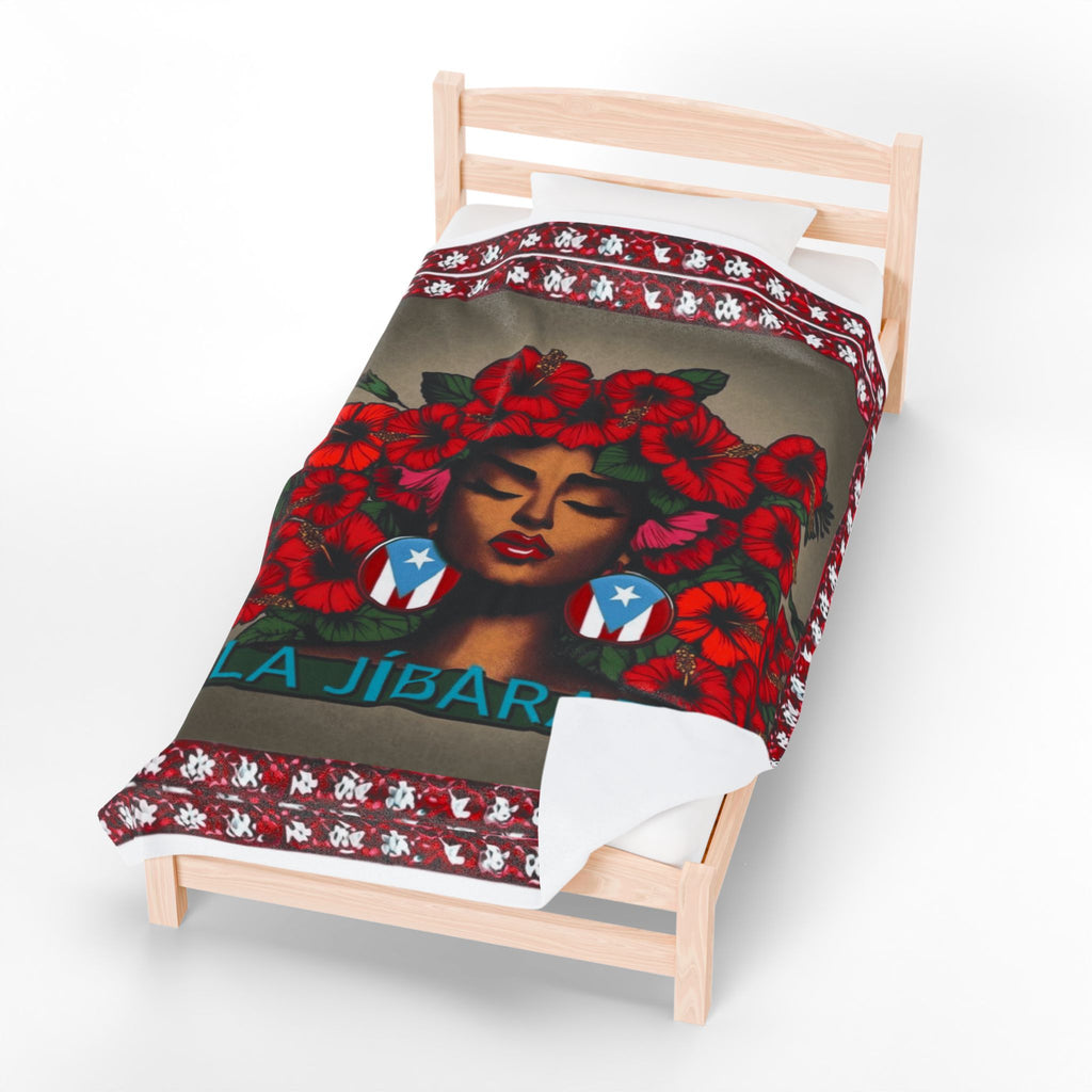 La Jíbaraza Velveteen Plush Blanket  Puerto Rican Floral Afro-Latina Portrait Throw
