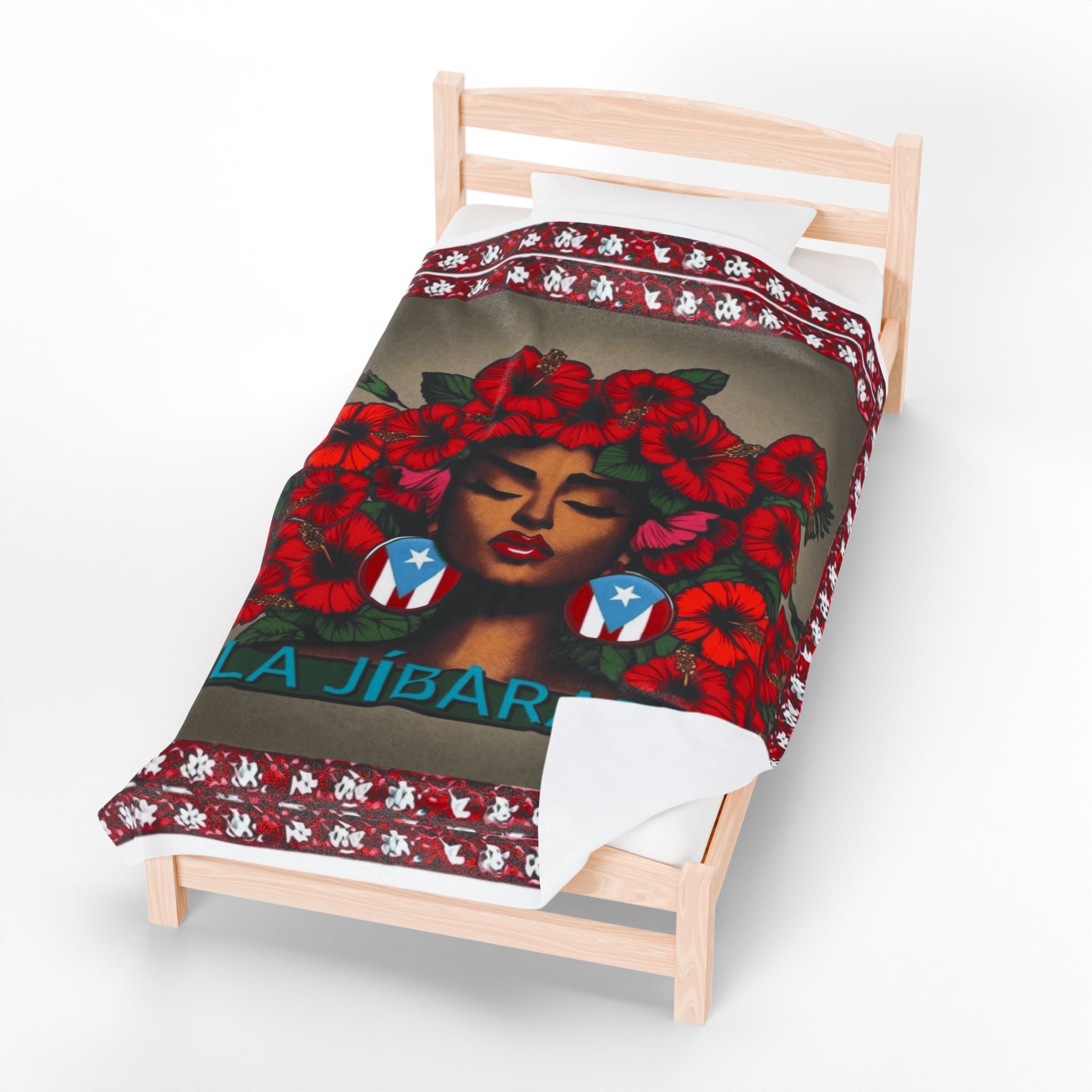 La Jíbaraza Velveteen Plush Blanket  Puerto Rican Floral Afro-Latina Portrait Throw
