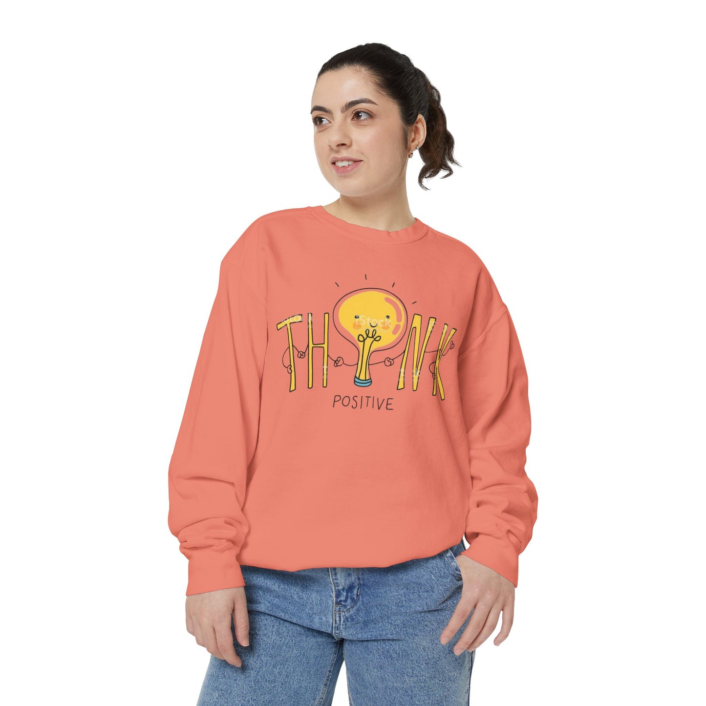 Think Positive Sweatshirt  Cute Lightbulb Graphic Positive Vibes Crewneck