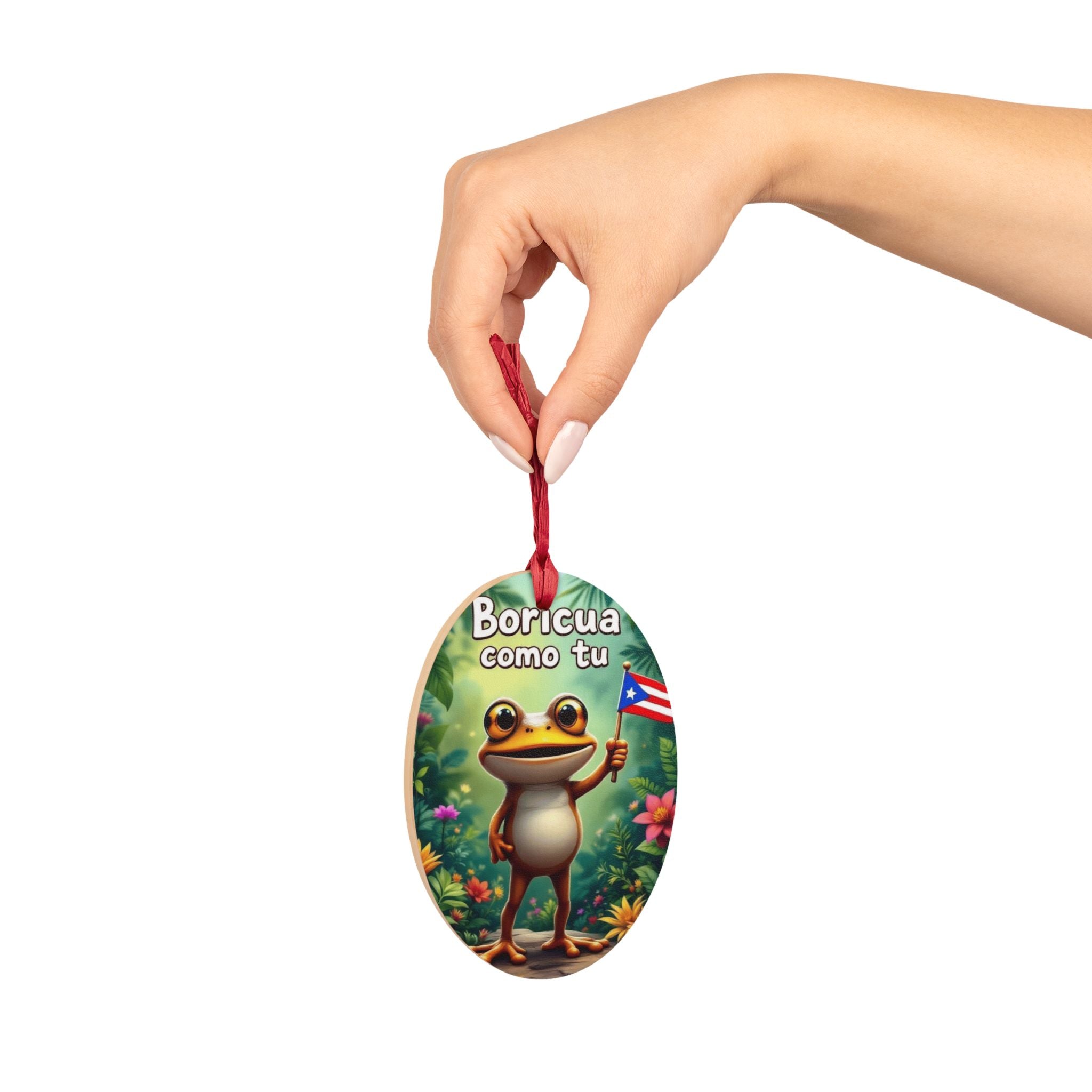 Boricua Como Tú Wooden Ornament – Puerto Rican Flag Frog Holiday Decor