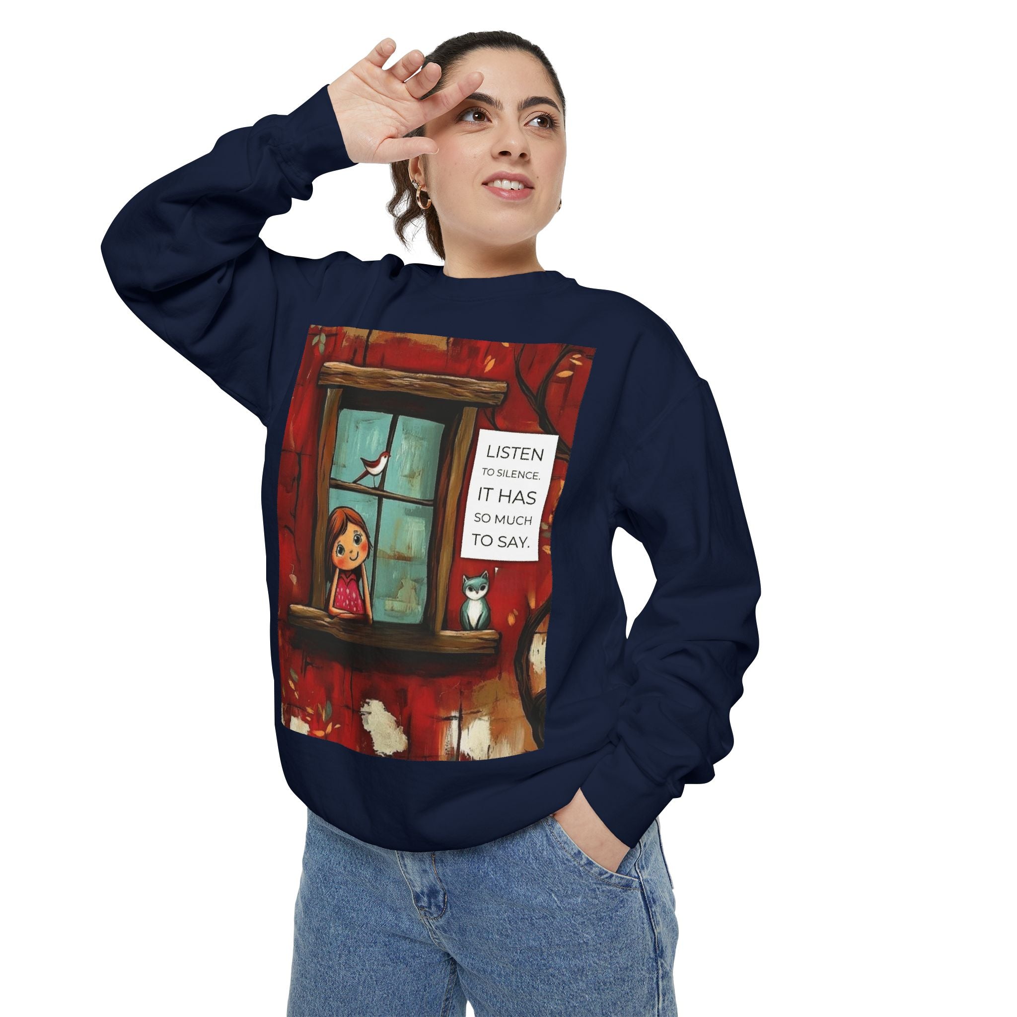 Cozy Window Scene Sweatshirt  "Listen, It Has So Much to Say" Graphic