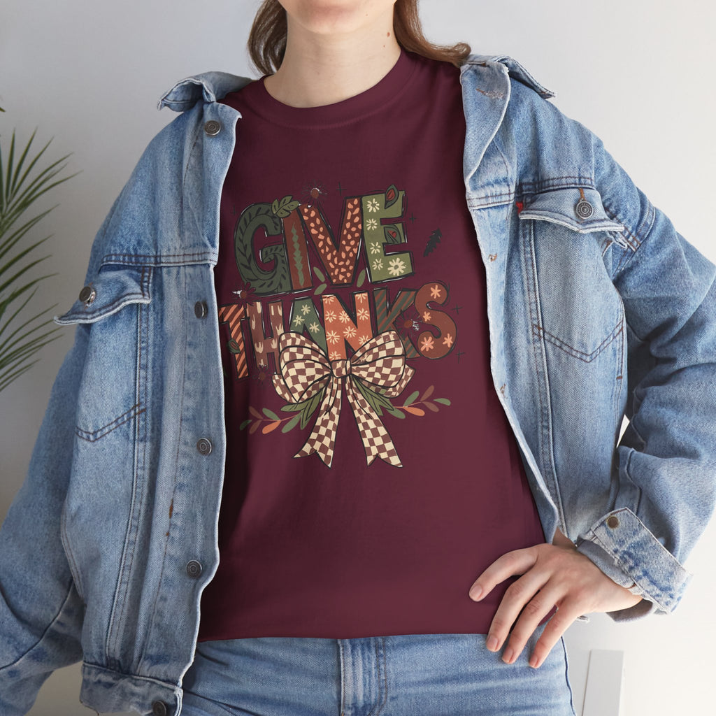 Give Thanks Tee Thanksgiving Graphic T-Shirt with Rustic Bow Design