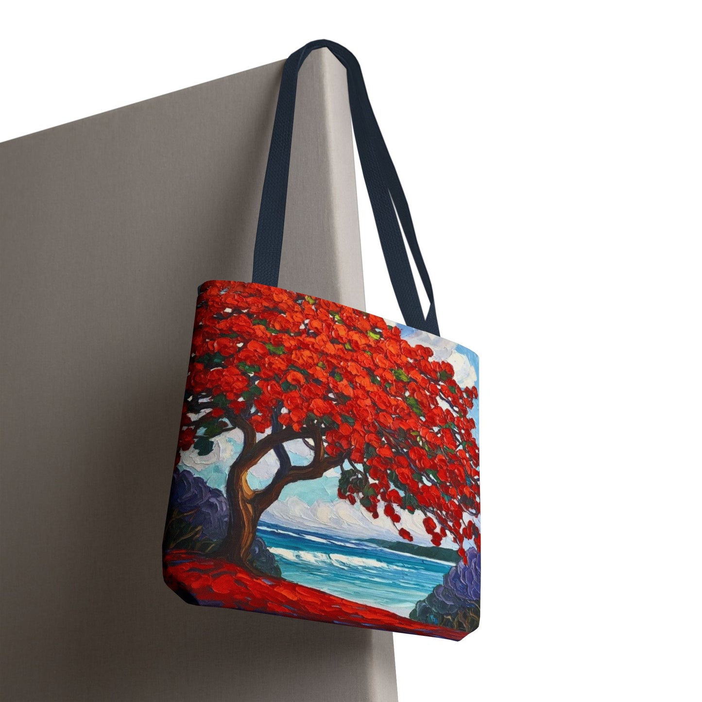 Red Blossom Beach Tote - Tropical Tree Art All-Over Print Tote Bag Crochet-Decorated Tote Bags