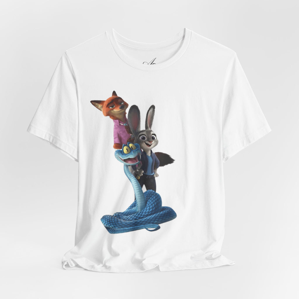 Animated Character Tee — Cute Fox & Bunny Stack Graphic T-Shirt  cartoon-style Christmas artwork